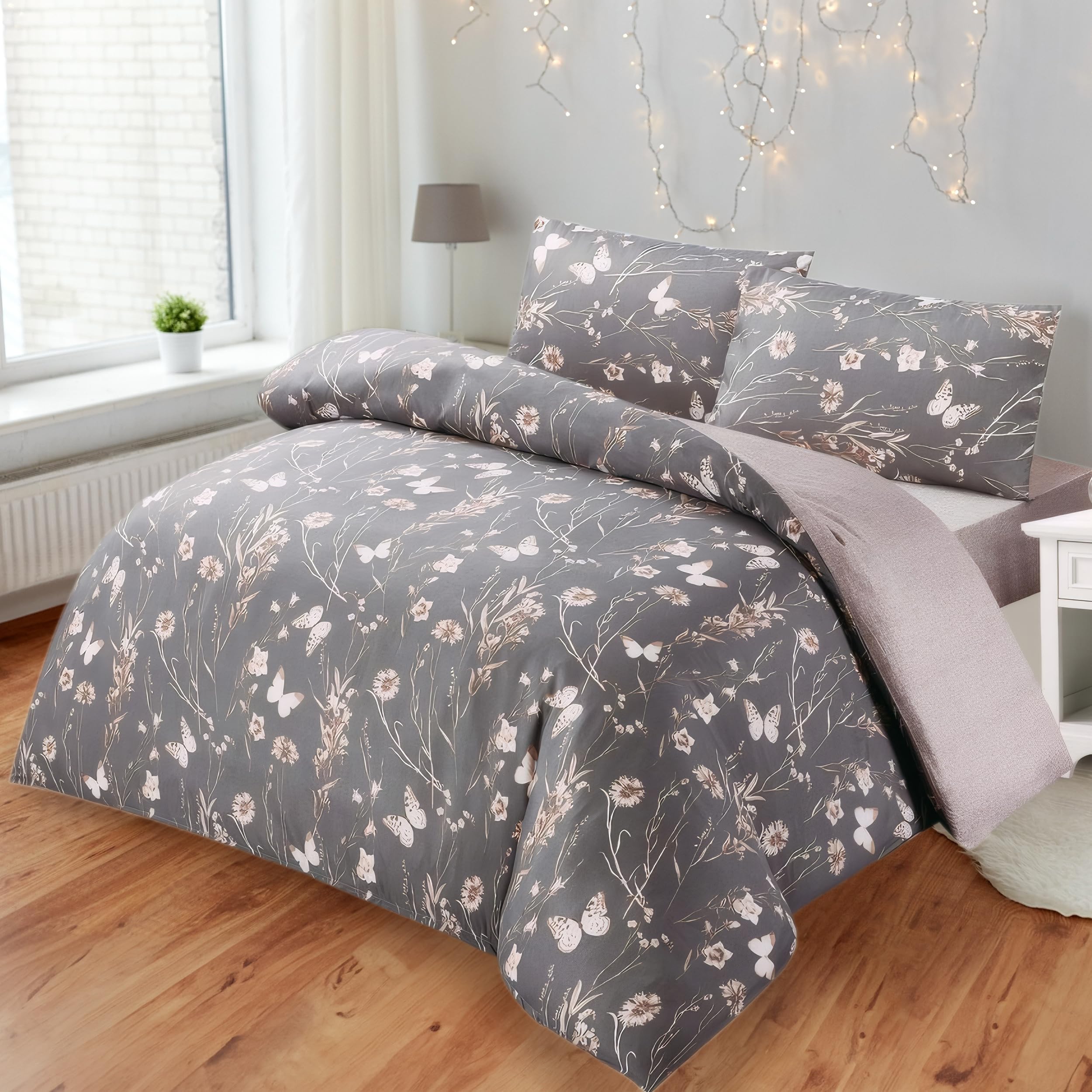 BESCH Juego de Funda Nordica Estampada 4 Piezas de Microfibra para Cama de 135 - Funda Edredon 220x220 cm, Bajera 135x200+30 cm y 2 Fundas Almohada 50x75 cm (Flor Nocturna)