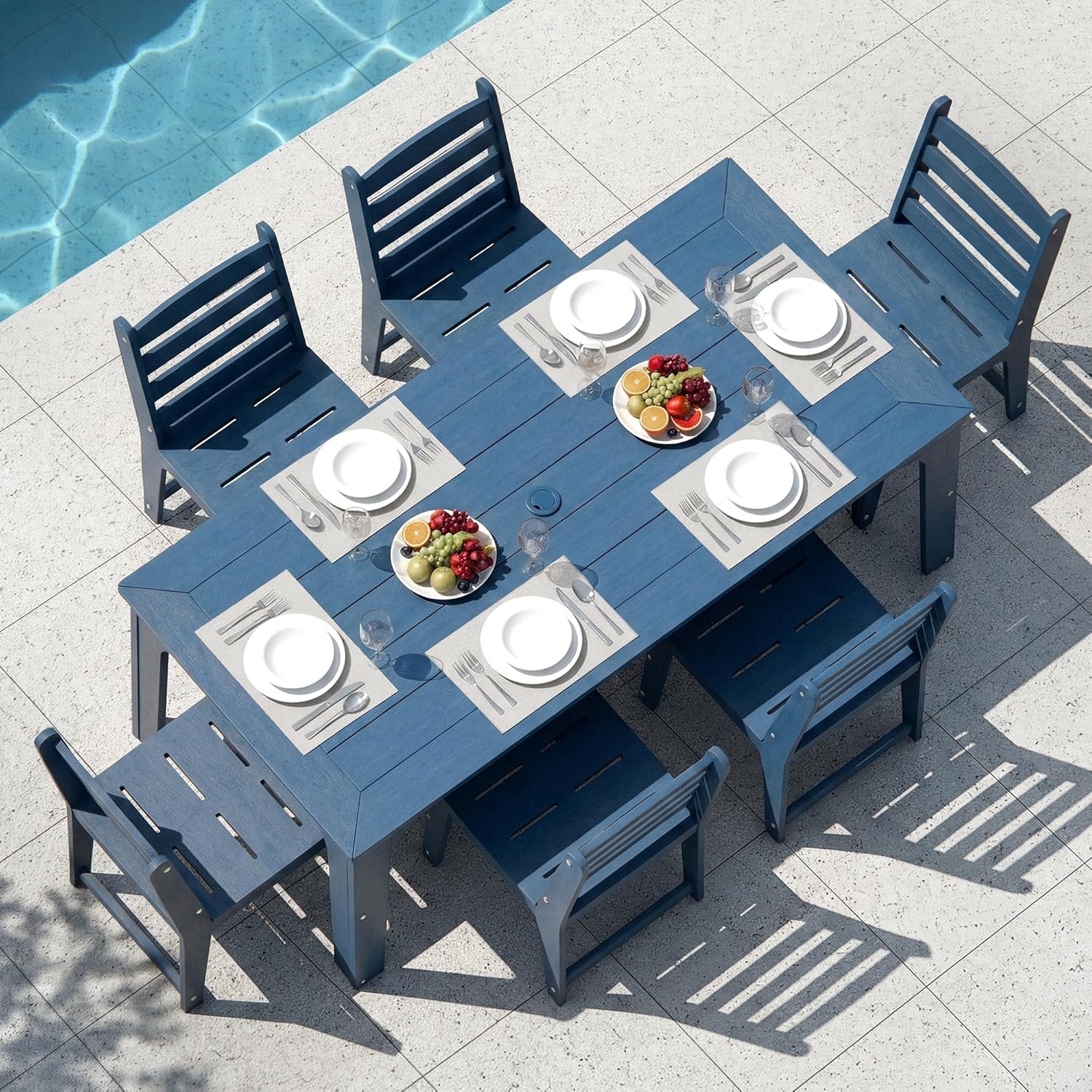 HDPE Patio Dining Set for 6, Weather-Resistant Outdoor Table with Umbrella Hole, Never Sagging One-Piece Tabletop with Metal Support Bars for Poolside Backyard Garden (Black)