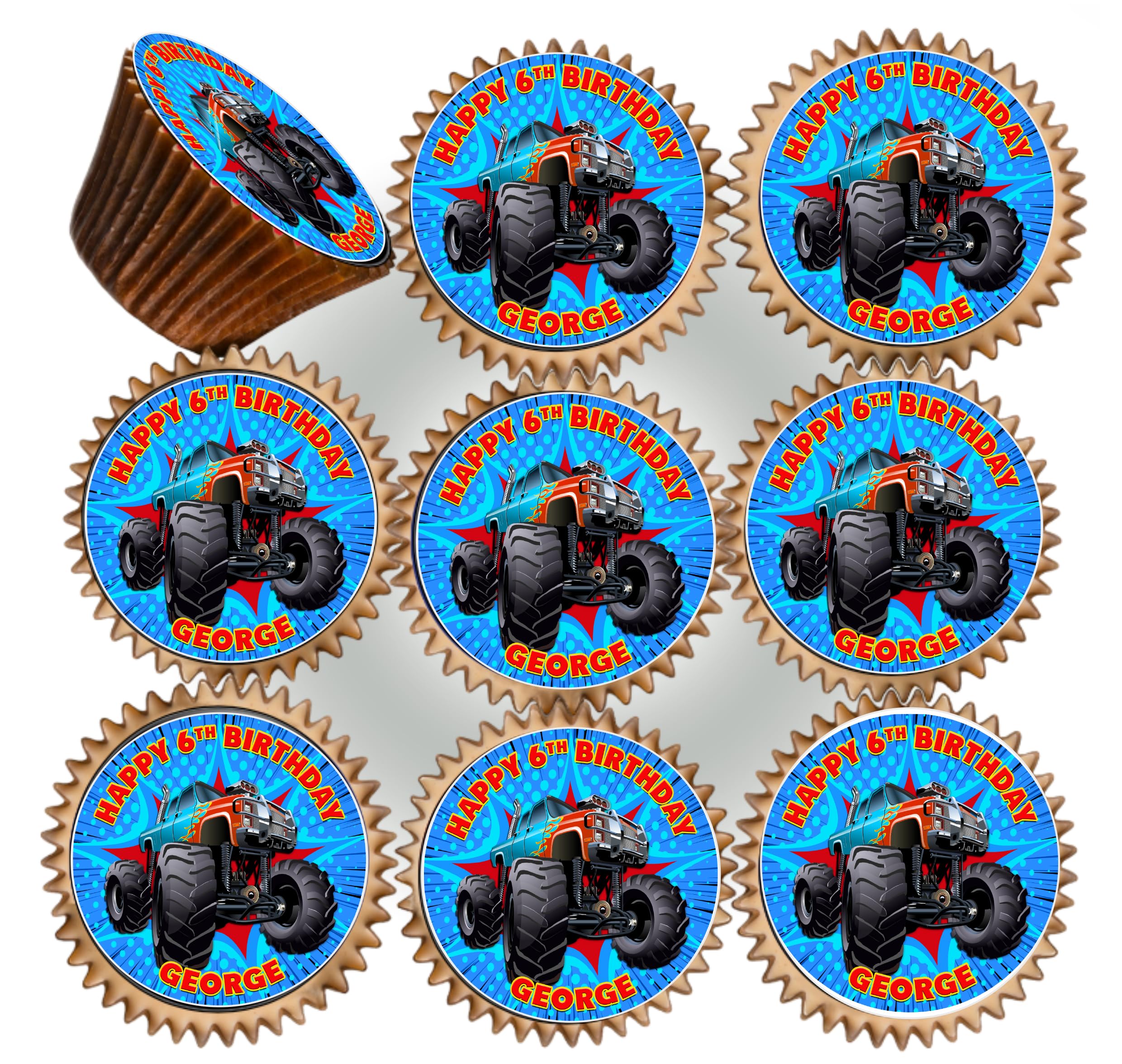 30 x MONSTER TRUCK BIRTHDAY PARTY PERSONALISED EDIBLE ICING 3.8 cms CUPCAKE TOPPERS DECORATIONS R-15