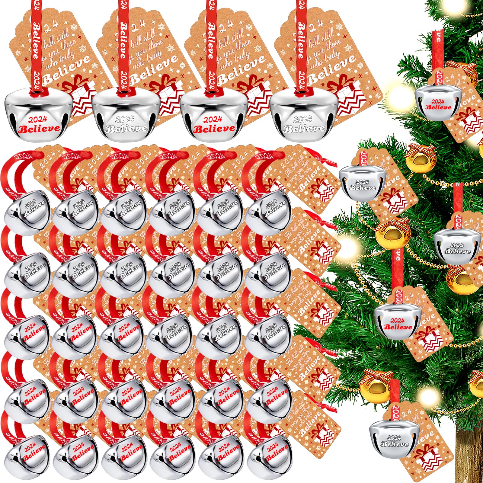 LUYI30 Sets Christmas Bells Decor - Believe Bell Ornaments Bulk Polar Express Decorations - Xmas Party Gifts Favors Tags Silver Sleigh Jingle Bells for Tree Decoration (1.6 Inch)