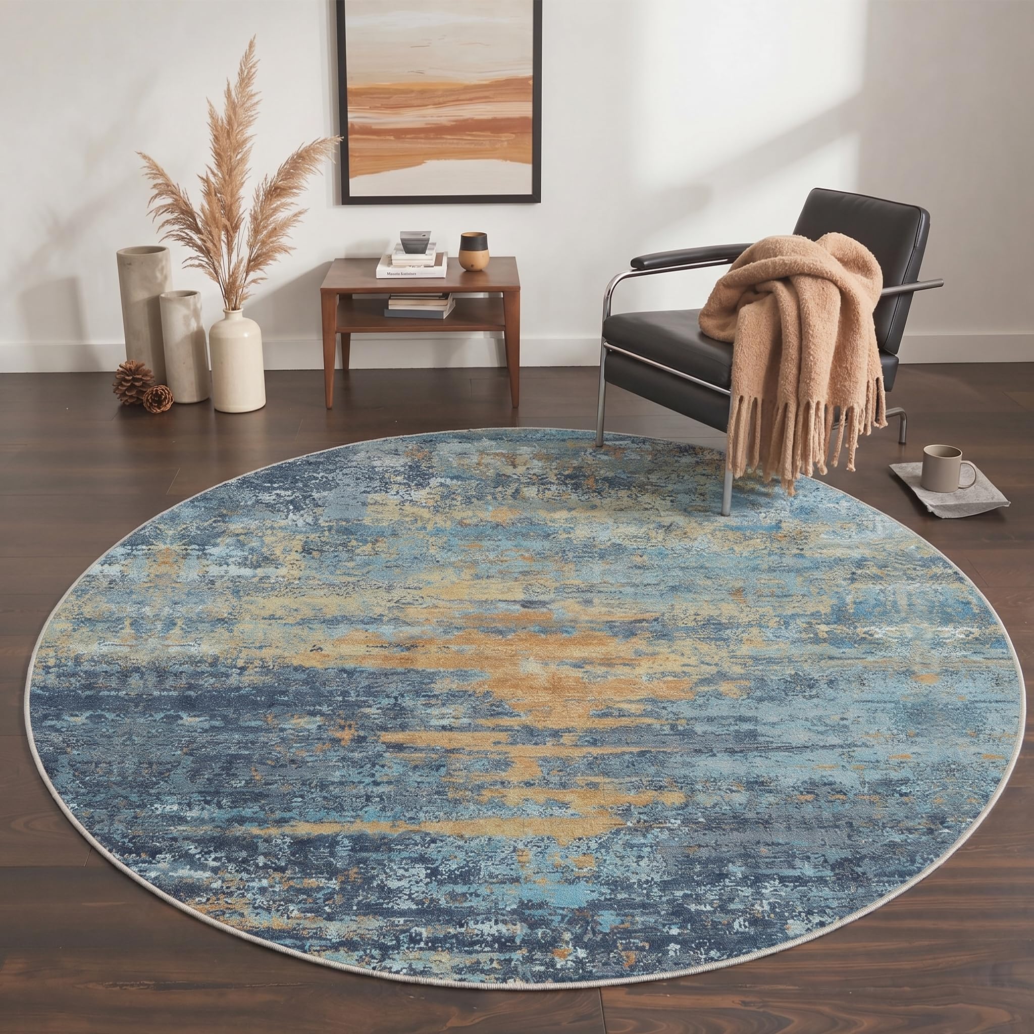 BEIMO Round Machine Washable Rugs 5FT for Living Room Bedroom, Modern Abstract Circle Rug, Soft Low Pile Floor Cover with Non Slip Backing for Dining Room, Blue/Orange