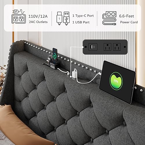 Miniatura 4 de iPormis Marco de cama matrimonial con respaldo cómodo de 16" y estación de carga, cama plataforma tapizada con cabecera de almacenamiento con