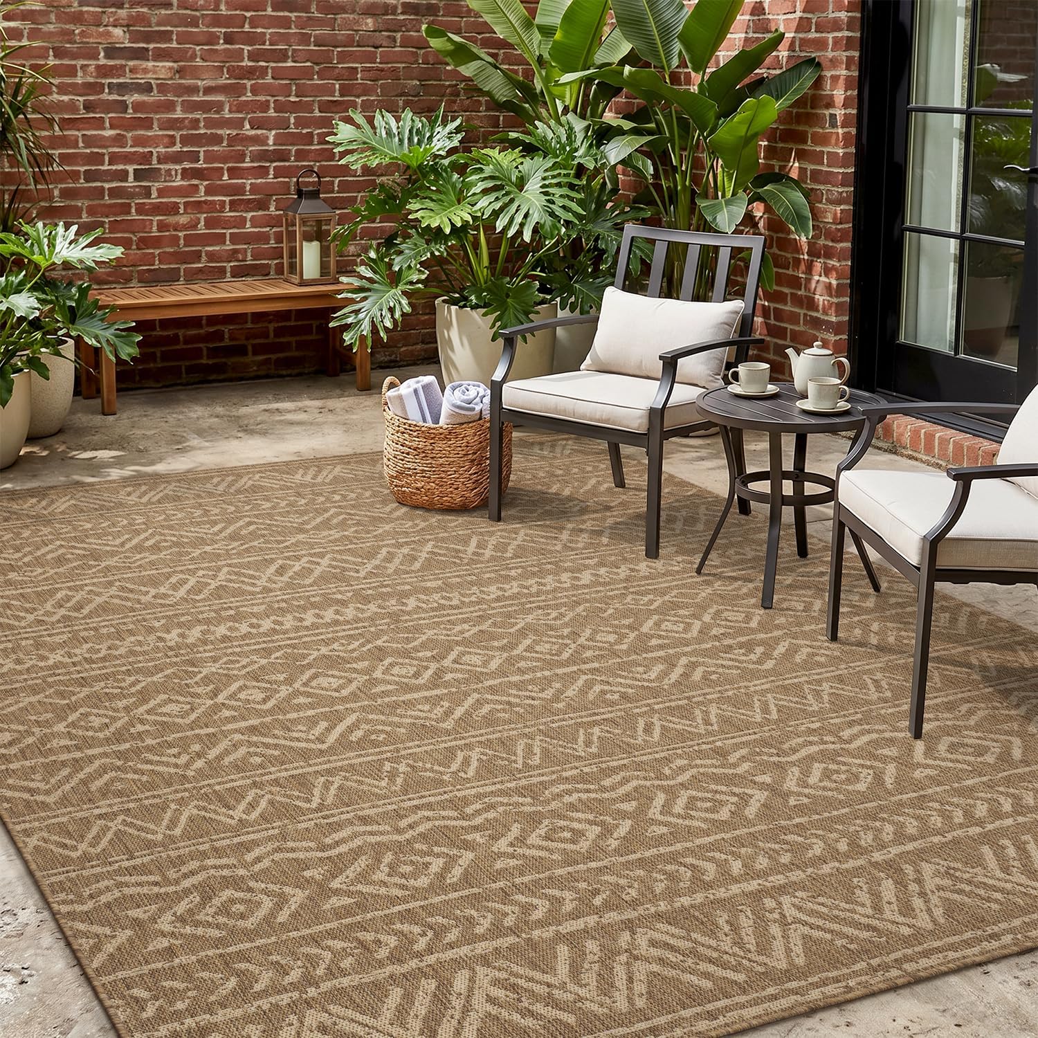 Boho patterned outdoor rug on a patio space