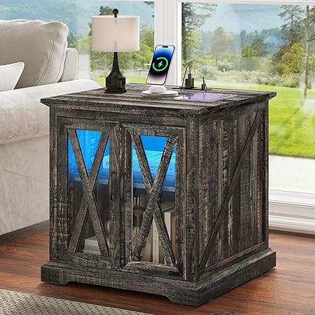 DWVO Farmhouse End Table, 24" Sofa Side Coffee Table with Charging Station and LED Lights, Nightstand with Adjustable Storage Shelf, Bedside Table for Living Room Bedroom, Dark Oak