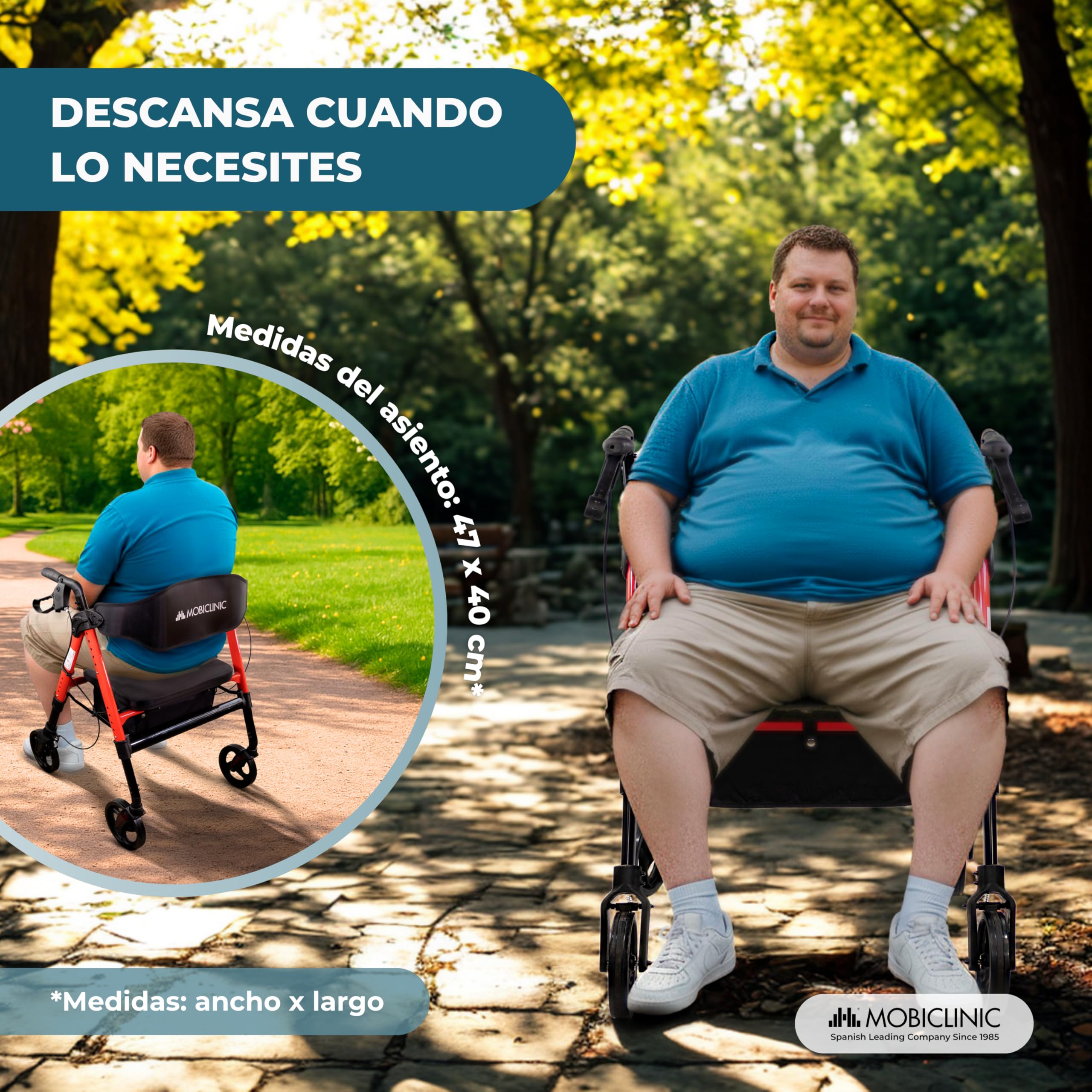 Mobiclinic®, Andador Bariátrico, Hasta 204 Kg, Plegable, Extra Ancho, Manillar y Asiento Regulable, Ruedas 360º, Respaldo, Cesta XL, Aluminio Reforzado, Madeira