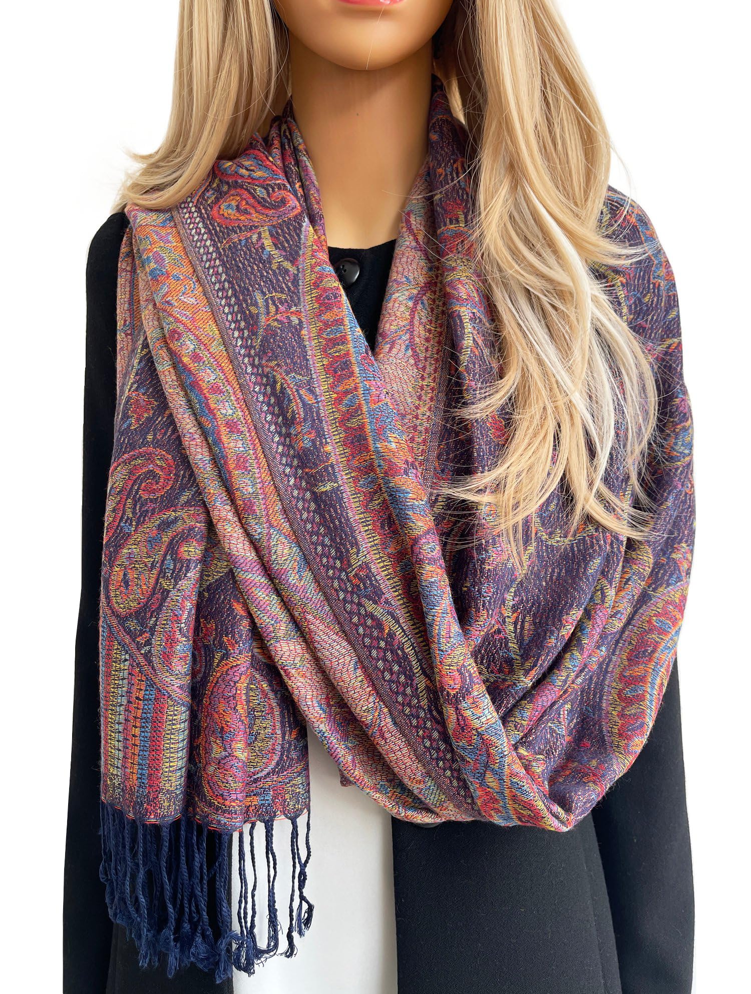The Accessory Co. Women's Navy Blue Pashmina Scarf Shawl Wrap - Large Long Paisley Floral Scarves, Wearable Blanket Scarf, Winter Scarfs, Indian Shawl Wedding Evening Stole, Head Scarf (Navy Blue)