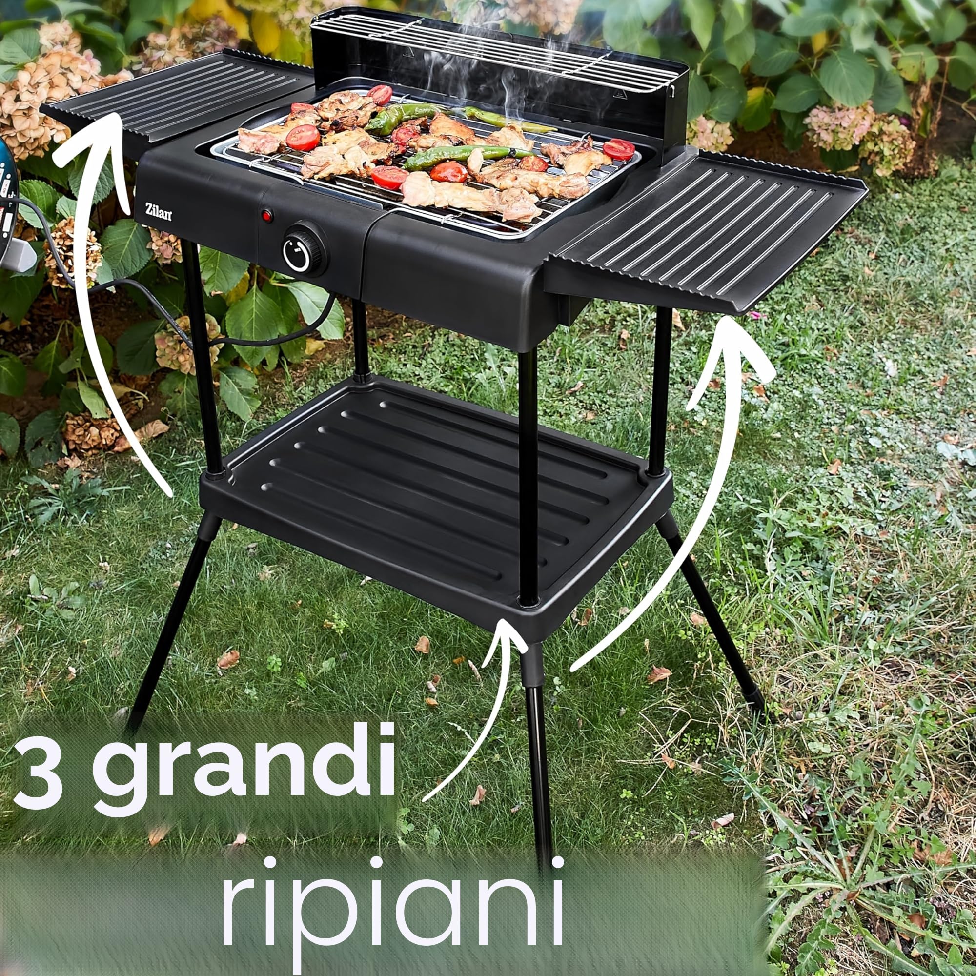Barbecue elettrico 2 in 1, da pavimento e da tavolo, da 2400 Watt, per balconi, esterni e interni, con piedistallo, grande superficie per grigliare, regolatore della temperatura continuo