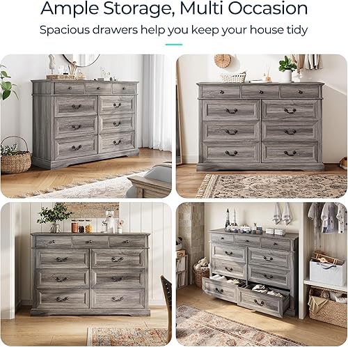 Miniatura 3 de LINSY HOME Cómoda rústica de 9 cajones, cómoda gris para organización de dormitorio y sala de estar, cómoda de madera con amplio espacio de