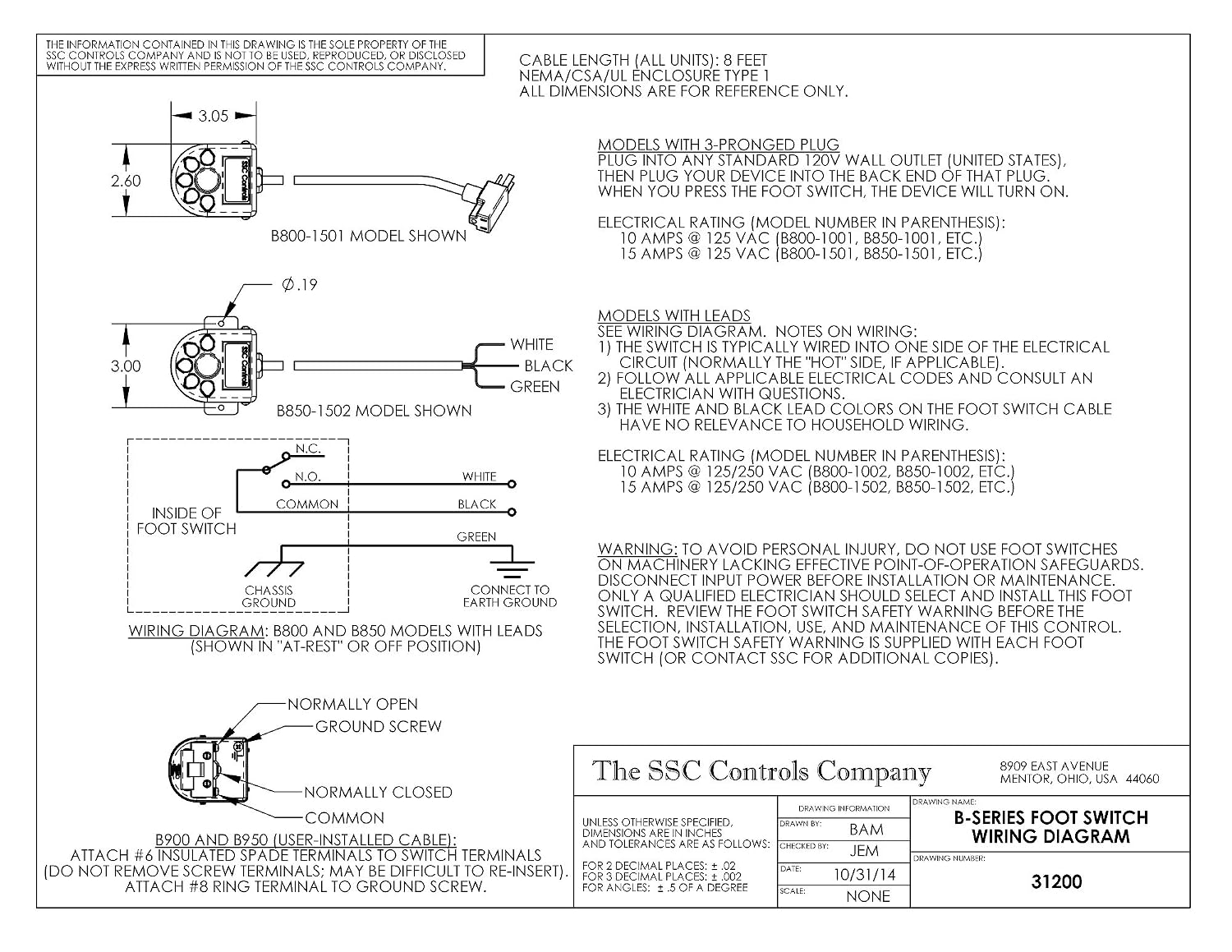 SSC Controls B850-1502 Foot Switch with Mounting Plate, Momentary, Single Pedal, 8-ft Cable with Leads, Made in USA