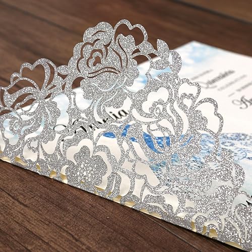 Vista 38 de DORIS HOME 50 bolsillos de invitación de boda cortados con láser con sobres azules, tarjetas de invitación de 5.12 x 7.12 pulgadas para boda