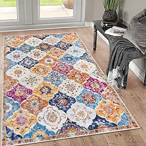 KILOCOCO 3x5 Moroccan Super Soft Area Rug Washable Living Room, Vintage Floral Rug Indoor Non-Slip, Print Faux Wool Accent Indoor Entryway Rug for Laundry Playroom Office, Colorful
