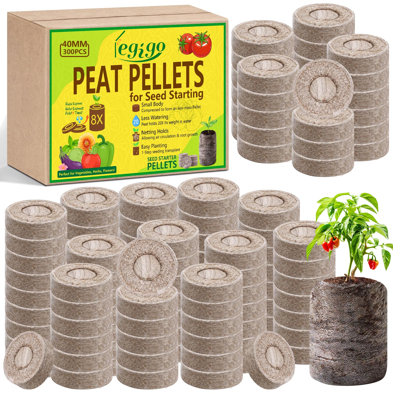 Legigo 300 Pcs 40mm Seed Starter Peat Pellets for Seedlings- Compressed Seed Starter Pods Seed Starting Pellets Plugs Soil Peat Pods for Starting Seeds, Garden Planting Herb Flower Vegetables