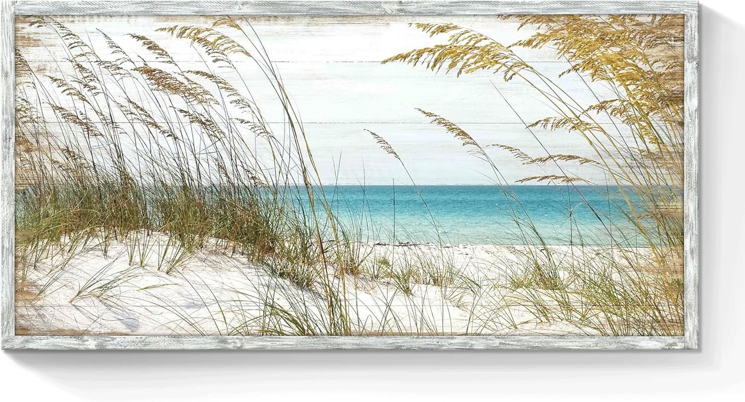 Coastal Beach Framed Wall Art: Rustic Ocean Landscape Picture Modern Seascape Painting Seaside Boardwalk Artwork Prints Decor for Bathroom