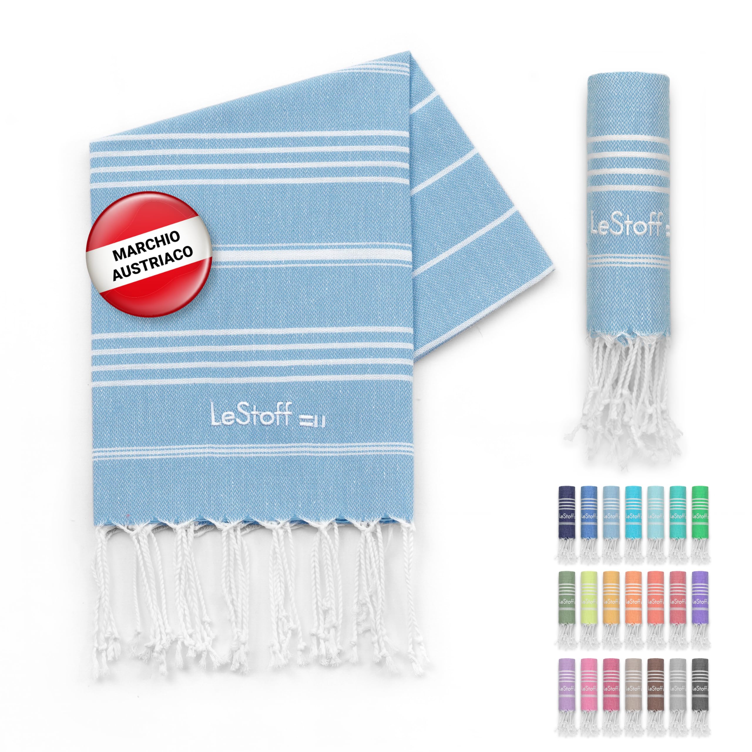 LeStoff Telo mare - 100% Cotone bio, 50 x 100 cm, Prelavato, Assorbente, Asciugatura Rapida, Leggero, Fouta, Telo Ospite, Telo Doccia, Telo Yoga, Telo da Palestra, Asciugamano Sportivo (Light Blue)