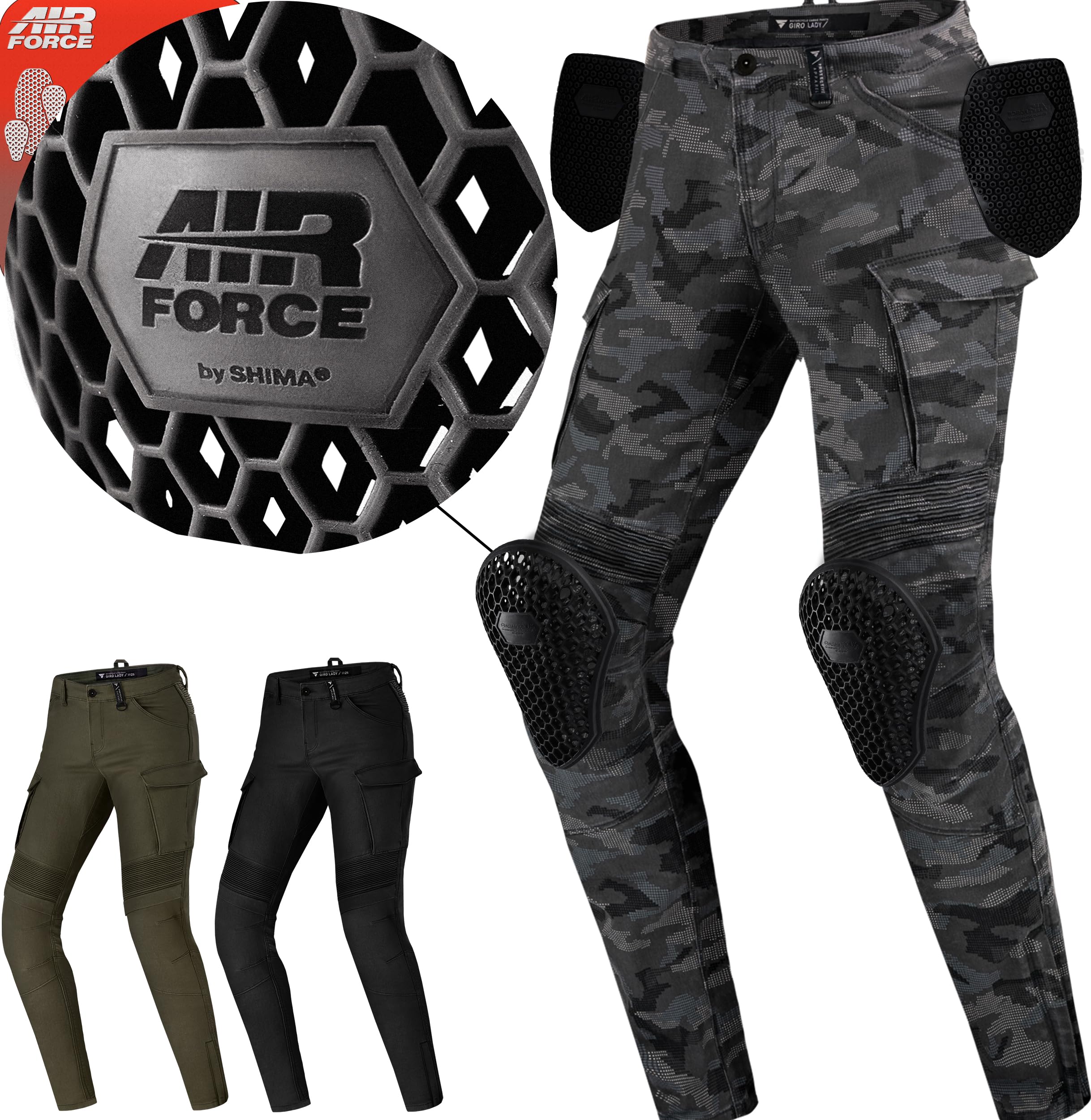 SHIMA GIRO 2.0 LADY Motorcycle Pants for Women - Elastic, Slim Fit, Cargo Biker Trousrs Womens with DuraQL Layer, Knee and Hip Armor Pads, Side Pockets (Khaki, 24 LONG)
