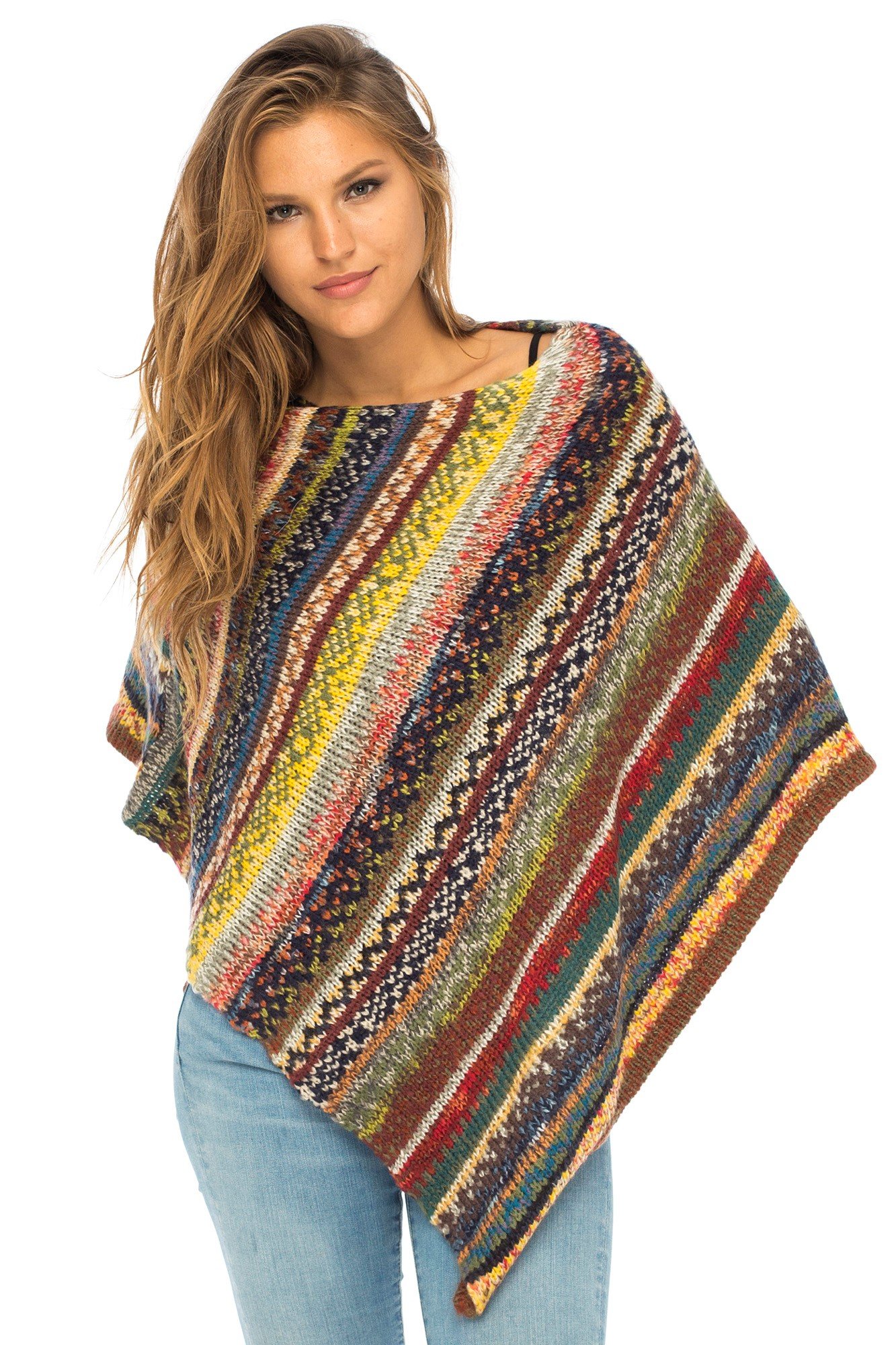 Back From BaliBack From Bali Womens Colorful Knit Poncho Sweater Cape Soft Striped Boho Tunic Shawl