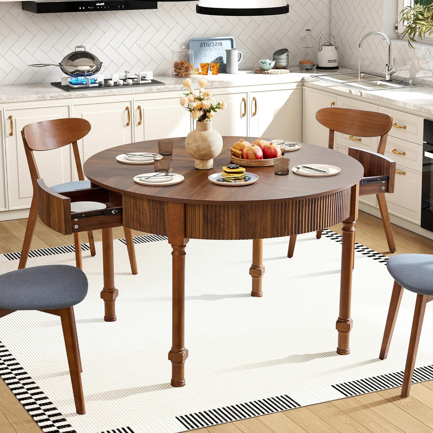 Fluted Round Dining Table for 4-6 People, 47 Inches Dining Room Table with 2 Drawers,Modern Farmhouse Dinner Tables Circle Kitchen Tables with Wood Legs Base for Dining Room Kitchen Living Room,Walnut