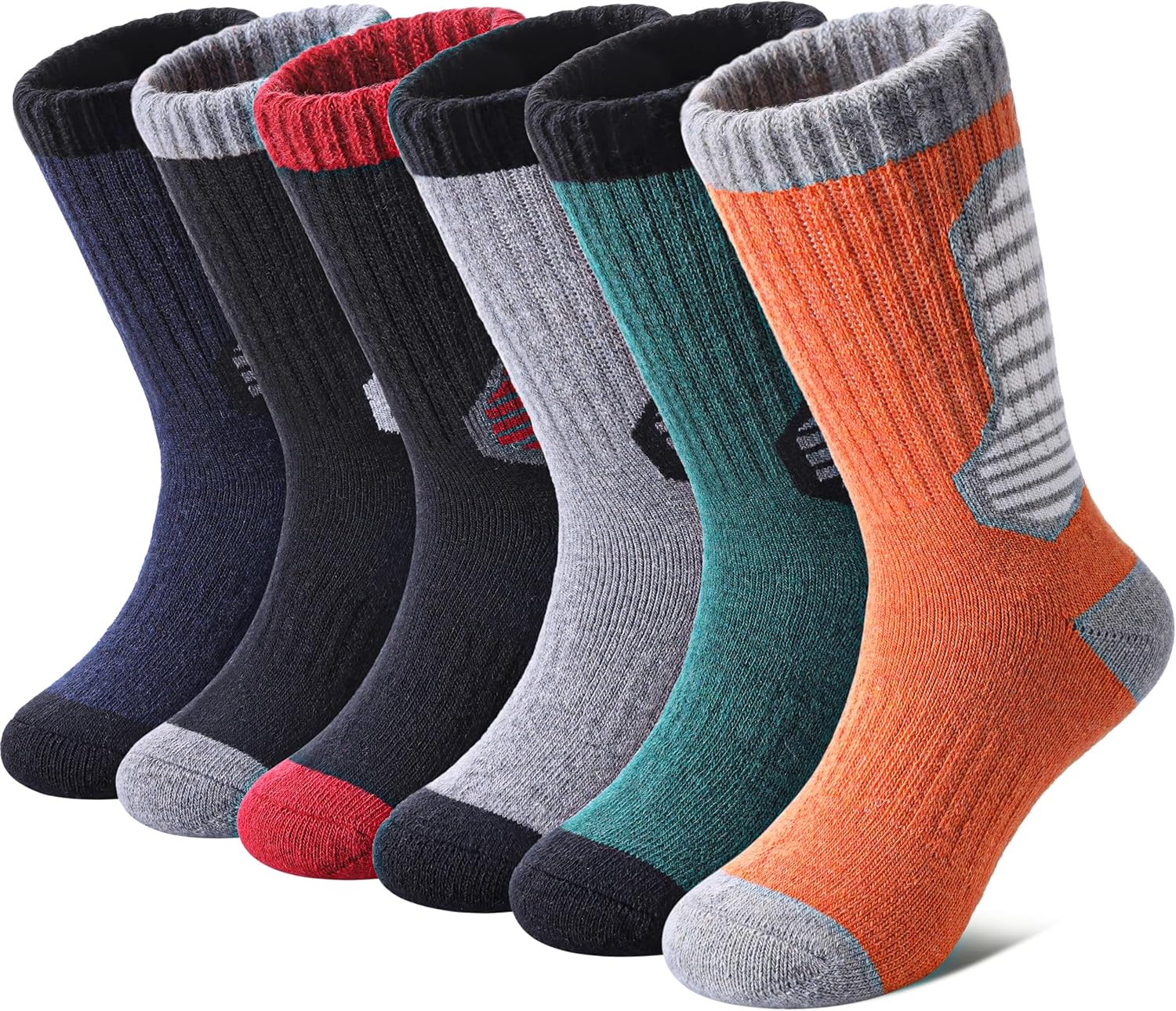 Yebing Kids Merino Wool Hiking Socks Boys Girls Toddlers Winter Warm Thermal Thick Cushion Boot Crew Gift Socks 6 Pairs