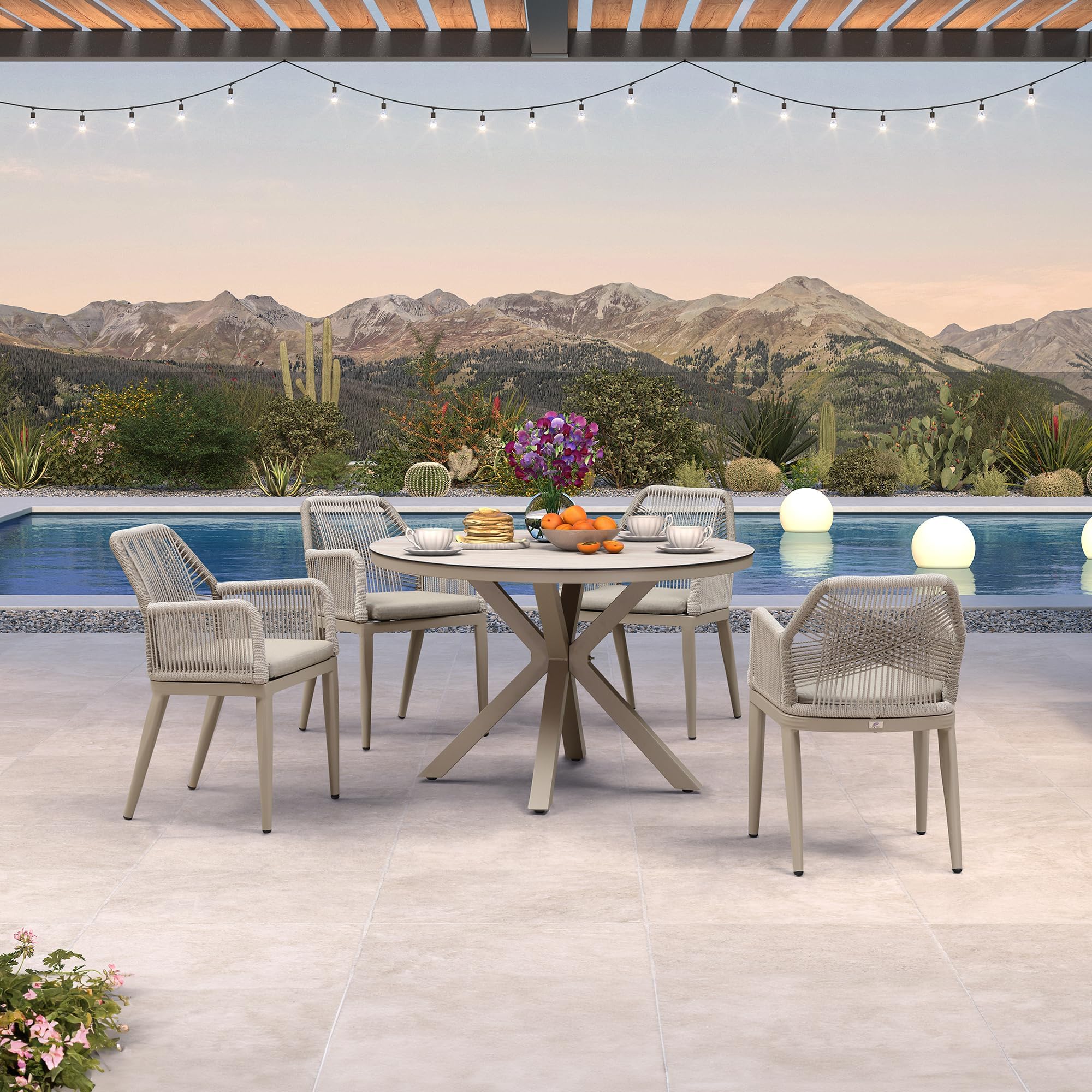 PURPLE LEAF Oversized Patio Round Dining Set 5 Pieces with Arm, Champagne