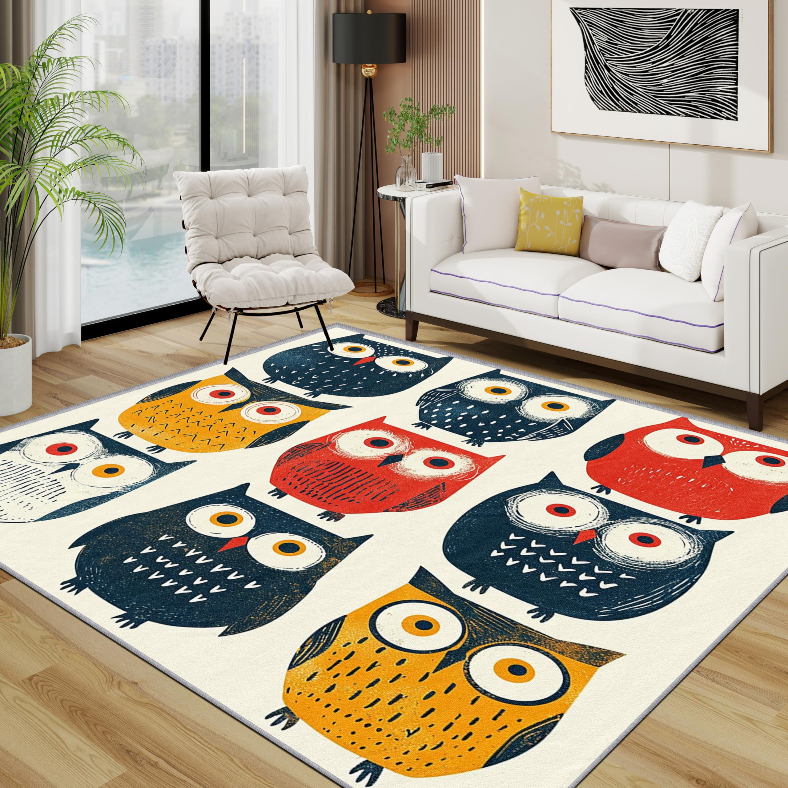 Owl Area Rugs for Living Room 120x120 - Funky Cute Forest Animal Rug for Bedroom, Colorful Cartoon Kids Non Slip Washable Short Pile Carpet, Owl Room Decor