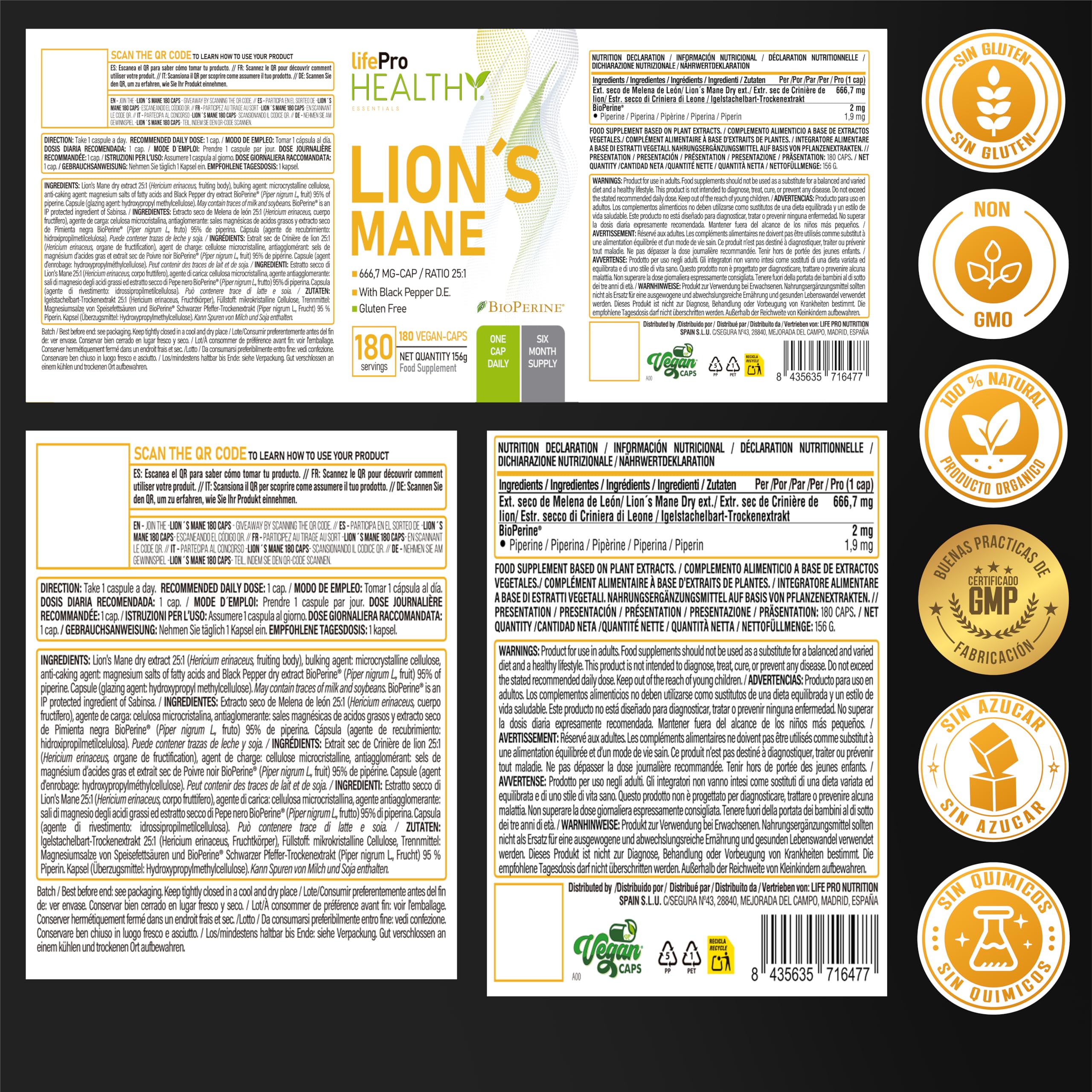 Life Pro Lions Mane capsules o Melena de Leon capsulas superlativa Alta Potencia 16,000mg – Extracto 25:1 Ultra-con BioPerine® – Alto Polisacáridos y Beta-Glucanos – 6 Meses – Nootropico, inmunidad.