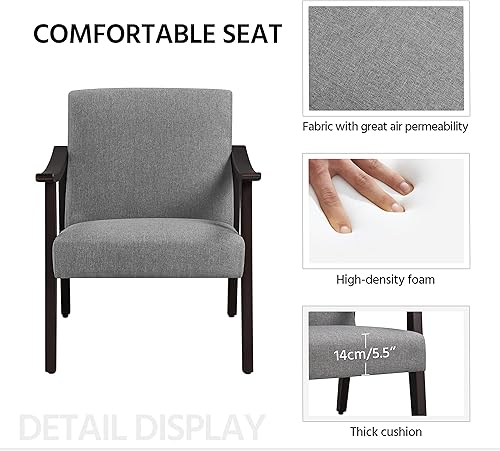Miniatura 6 de Yaheetech Silla de ocio con reposabrazos y pies sólidos, silla moderna de mediados de siglo, sofá lateral de tela de lino para sala de estar y