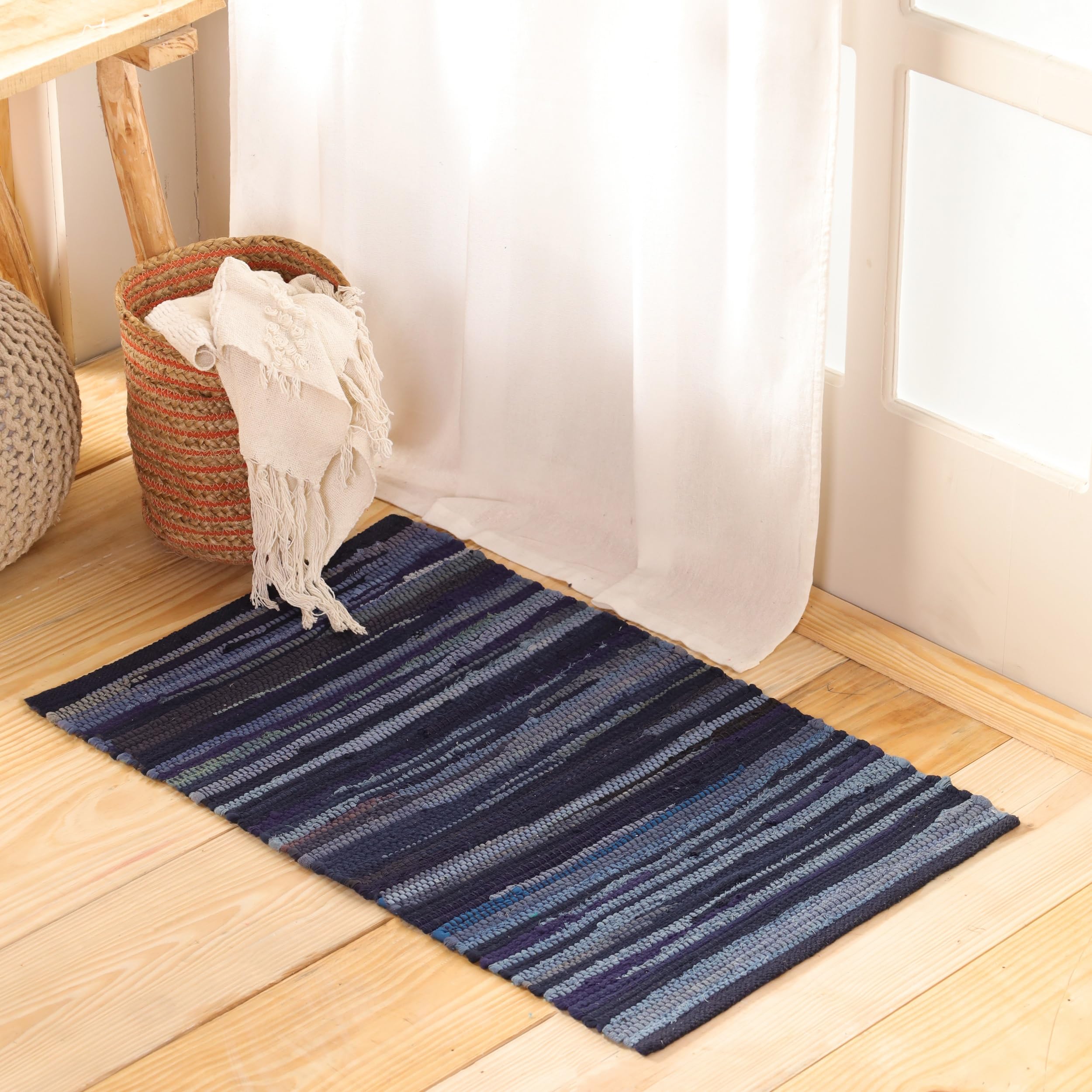 HOMEMONDE Navy Rag Rug 20"x32" Recycled Soft Cotton Chindi Rugs Hand Crafted Reversible Boho Home Decor for Entyrway, Doormat, Kitchen, Bedroom,