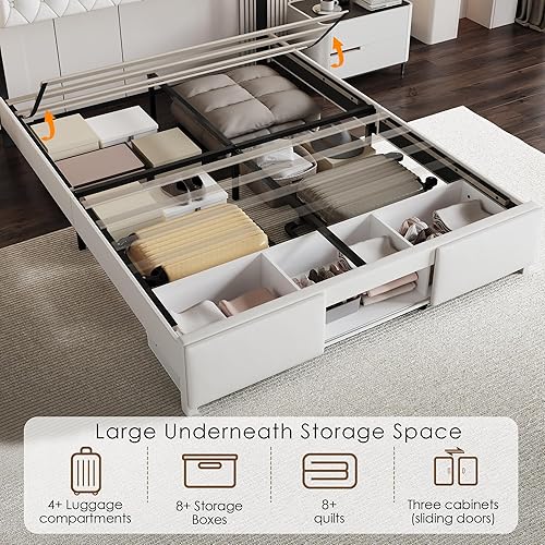 Miniatura 9 de Base de cama tamaño Queen, marco de cama LED Queen con cabecero y armarios de almacenamiento, marco de cama tapizado de terciopelo Queen con Blanco