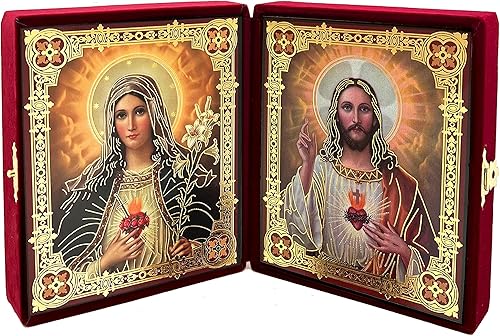Needzo Sagrado Corazón de Jesús y María, icono católico díptico en estuche de terciopelo color burdeos de 5 pulgadas, iconos de lámina dorada,
