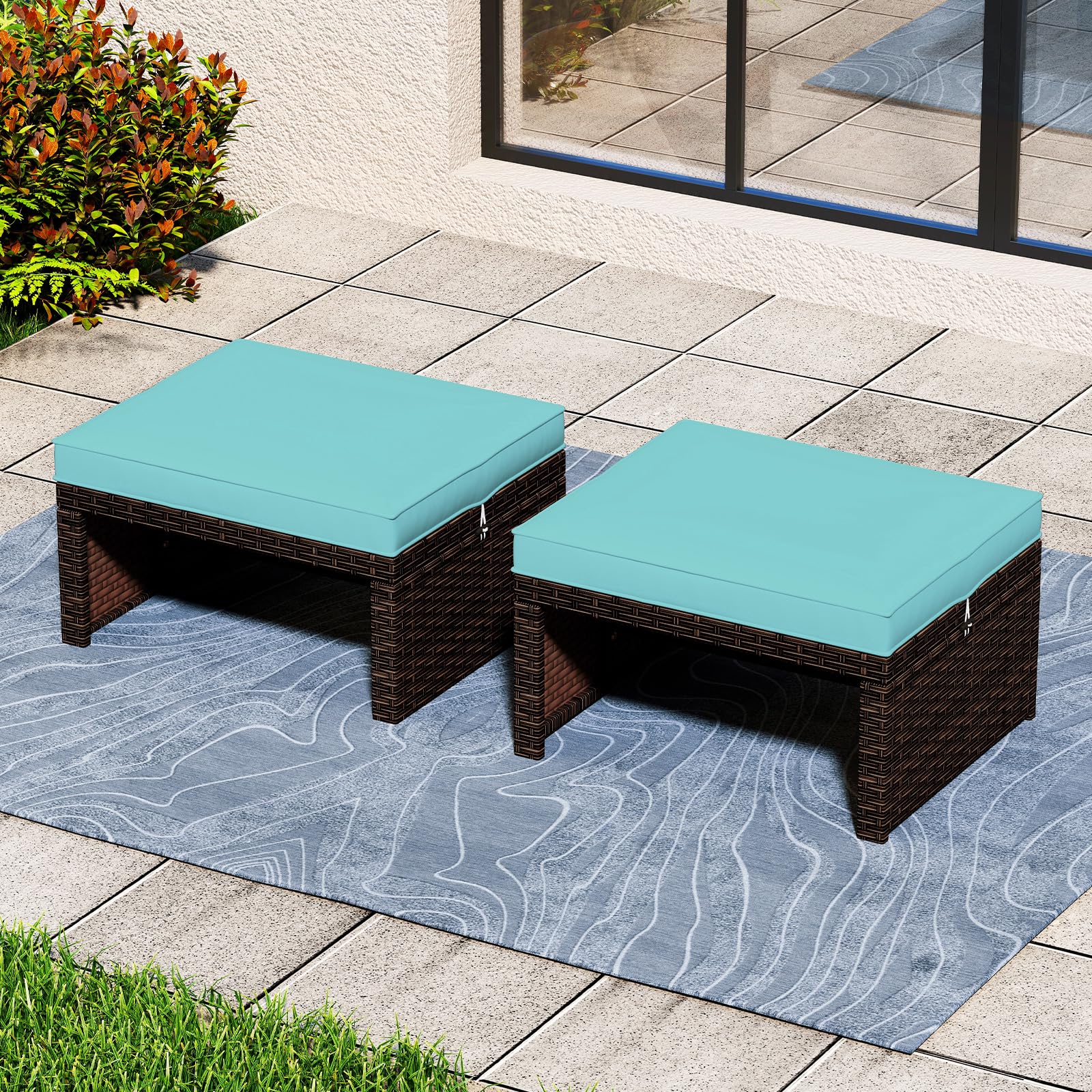 RELAX4LIFE Wicker Outdoor Ottoman Set of 2 - Rattan Footstools Foot Rest w/Removable Cushions, Multipurpose Side Table & Additional Seating, Outdoor Ottomans for Patio Garden Porch (Brown-Turquoise)
