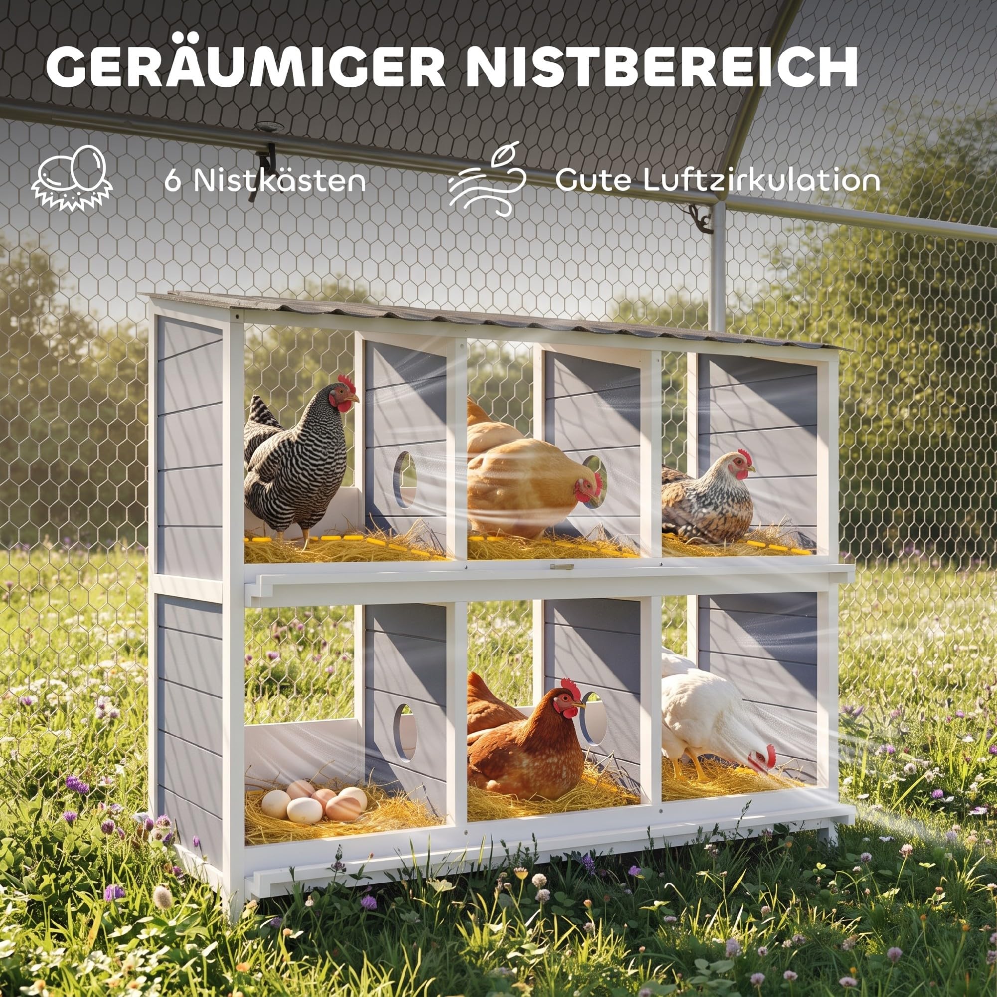 PawHut Legenest für Hühner 6 Fächer 2 Sitzstangen 102 x 50 x 91 cm, Grau