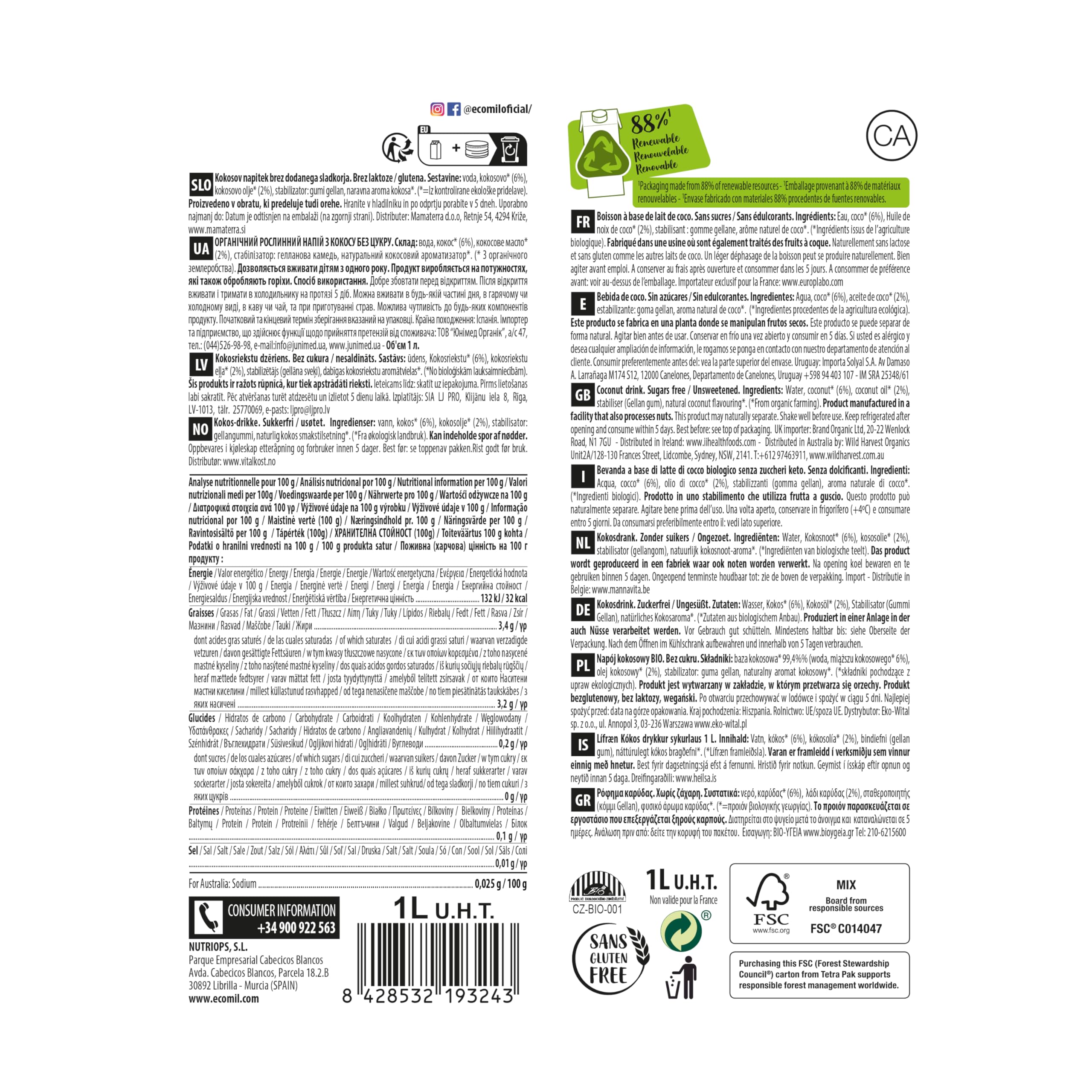 Ecomil Coconut Nature Keto Bio 1L Ecológica Sin Azúcares Añadidos Sin Gluten Vegana