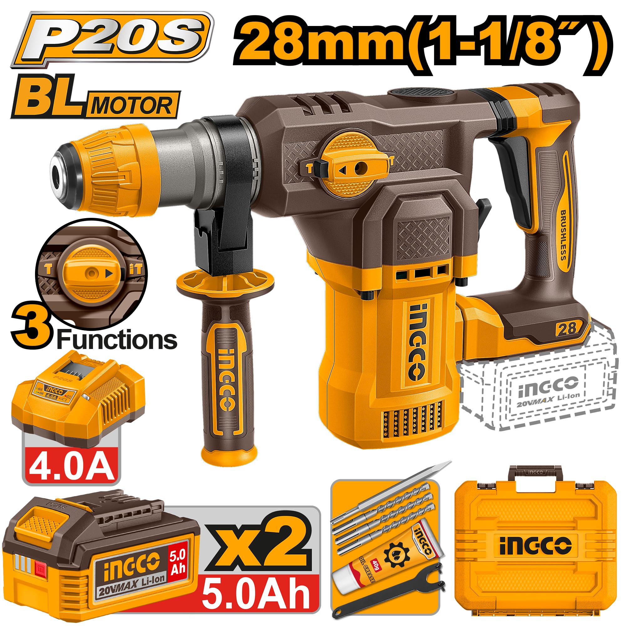 INGCO 20V Brushless Rotary Hammer Drill, 4.5J SDS Plus Chuck