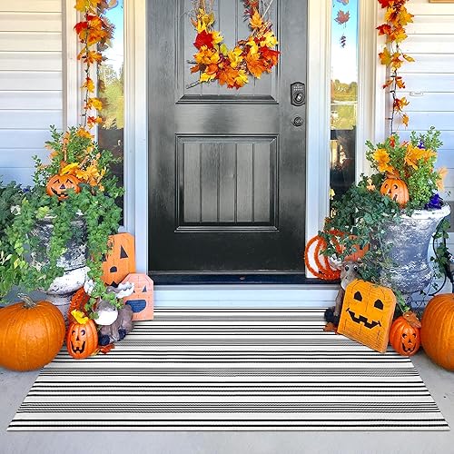 Miniatura 4 de KILOCOCO Alfombra a rayas beige  Tapete de 3 x 5 pies para puerta delantera al aire libre, tapete de bienvenida para exteriores, tapete de algodón