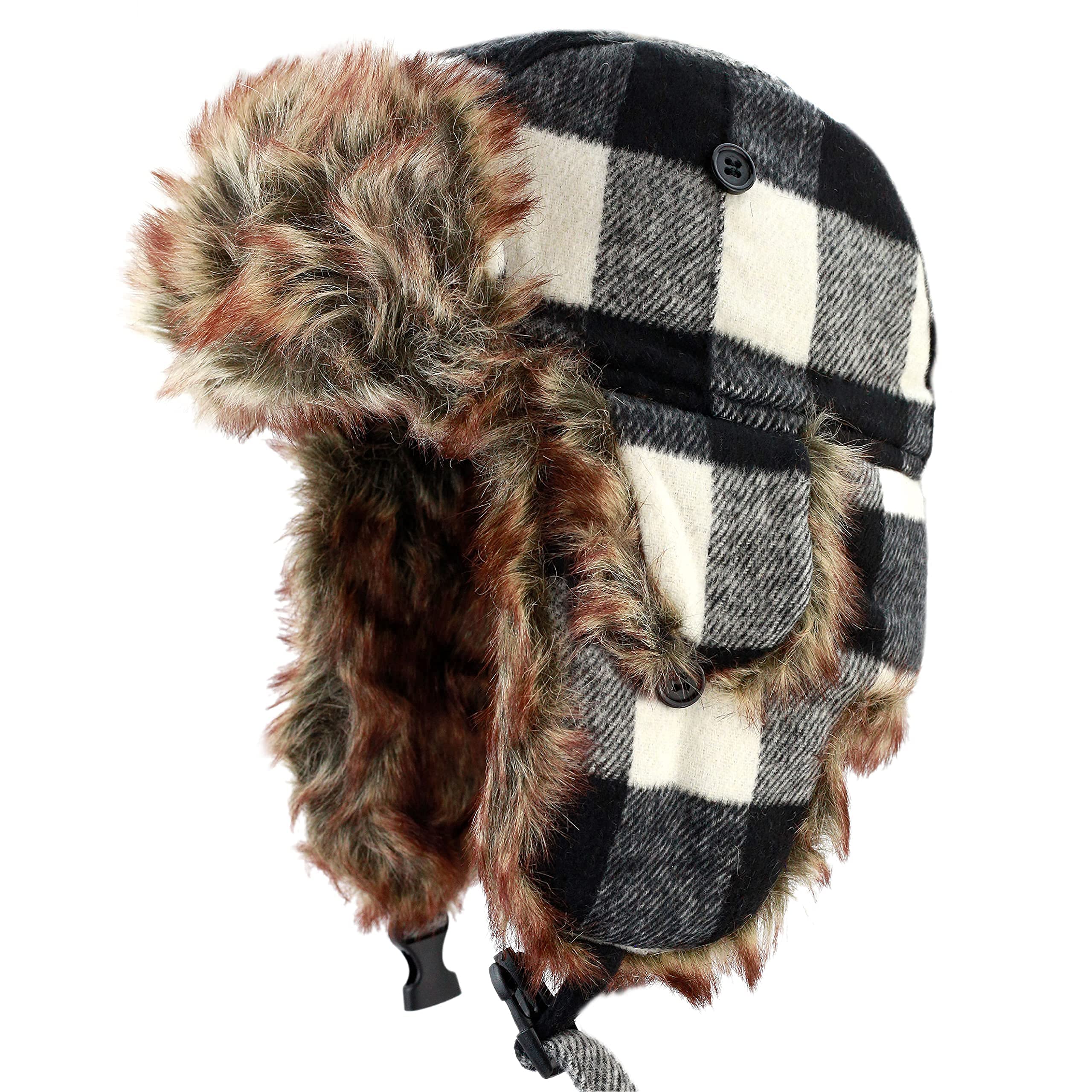 Faux Fur Safety Reflective Plain Plaid Aviator Trapper Hat Snow Ski Trooper Winter Cap