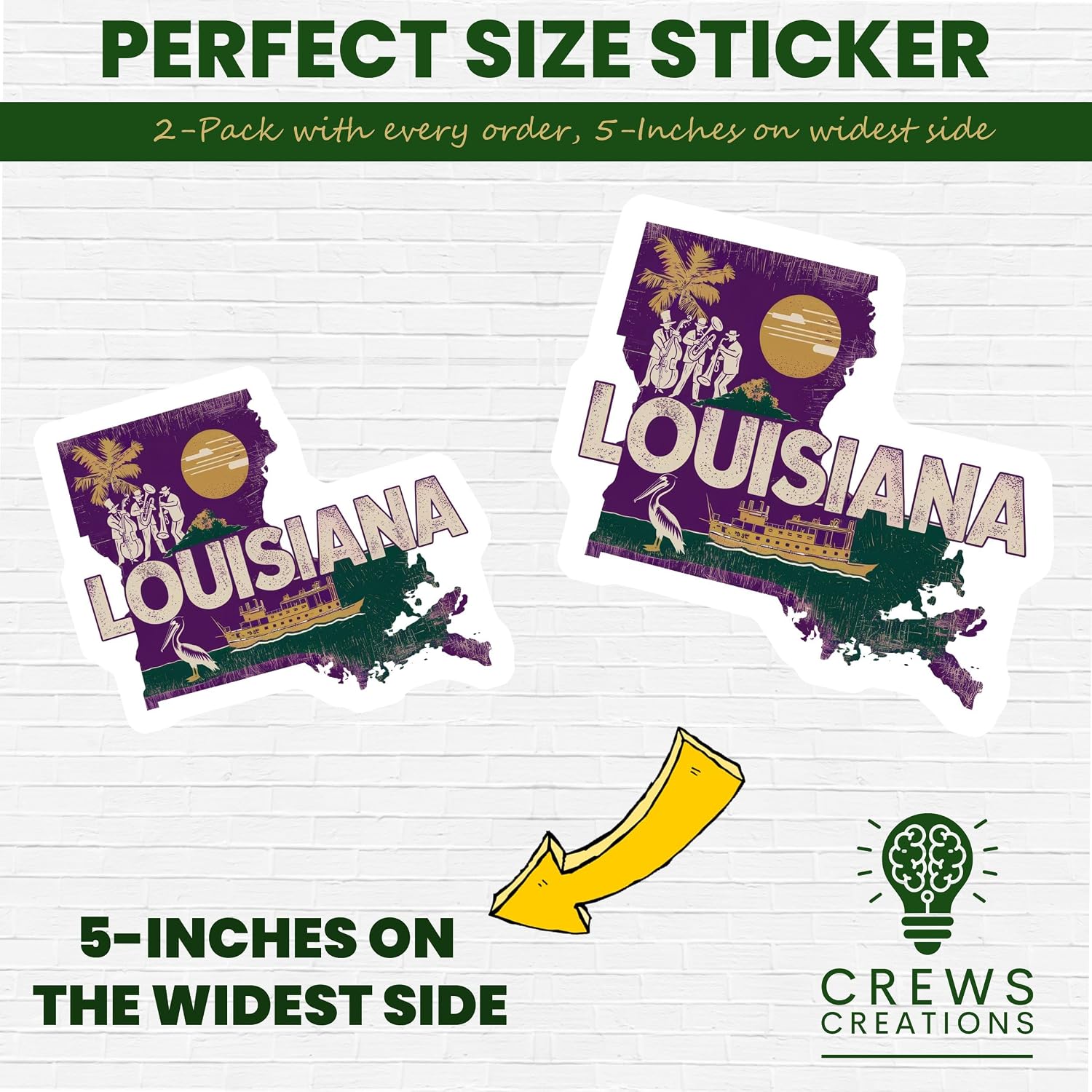Louisiana State Sticker, Vintage Louisiana Map Decal, Louisiana Jazz Sticker, Louisiana Travel Souvenir, Pelican Boat Sticker - 5-Inch Sticker - 2-Pack - CCSTICKER00700