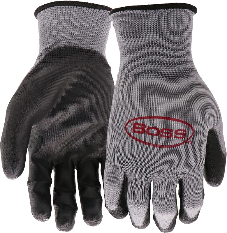 Boss Men's Grip 10-Pack Polyurethane (PU) Coated Work Gloves, Water and Chemical Resistant, Abrasion Resistant, Superior Grip, Spandex Backing, Black/Gray, Large, (B33131-L10P)