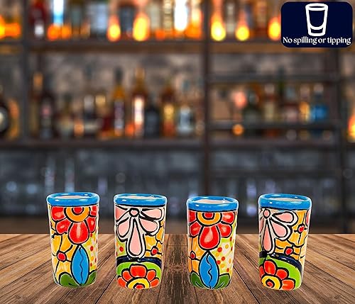 Miniatura 6 de Talavera - Juego de vasos de chupito de tequila de cerámica hechos a mano mexicanos, hechos en México, 2 onzas (turquesa, paquete de 4)