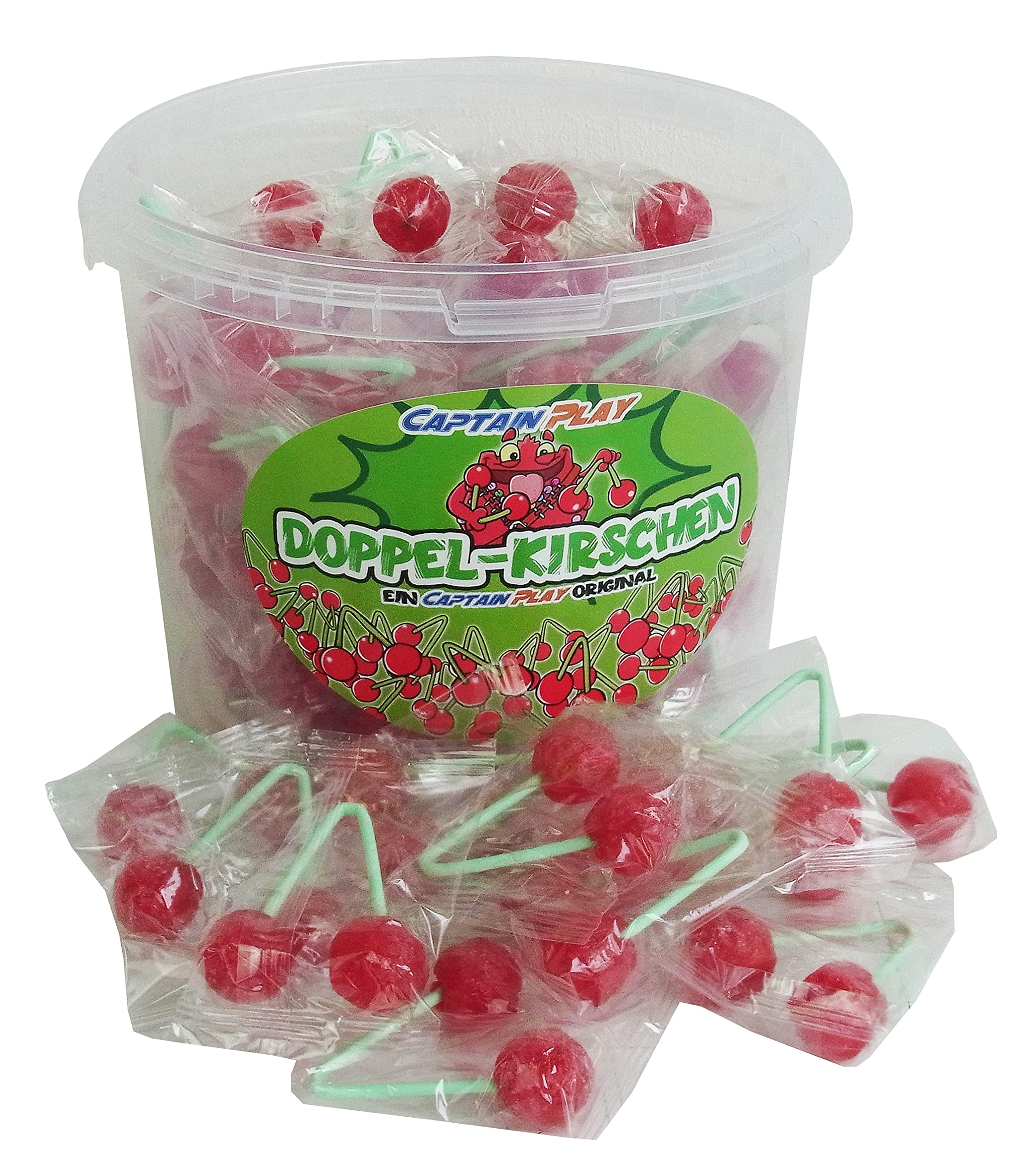 CAPTAIN PLAY - Bonbonnière avec 70 Sucettes Doubles - Sucettes avec deux Têtes - Aromatisés à la Cerise - dans Embollage individual - Boîte de 945g