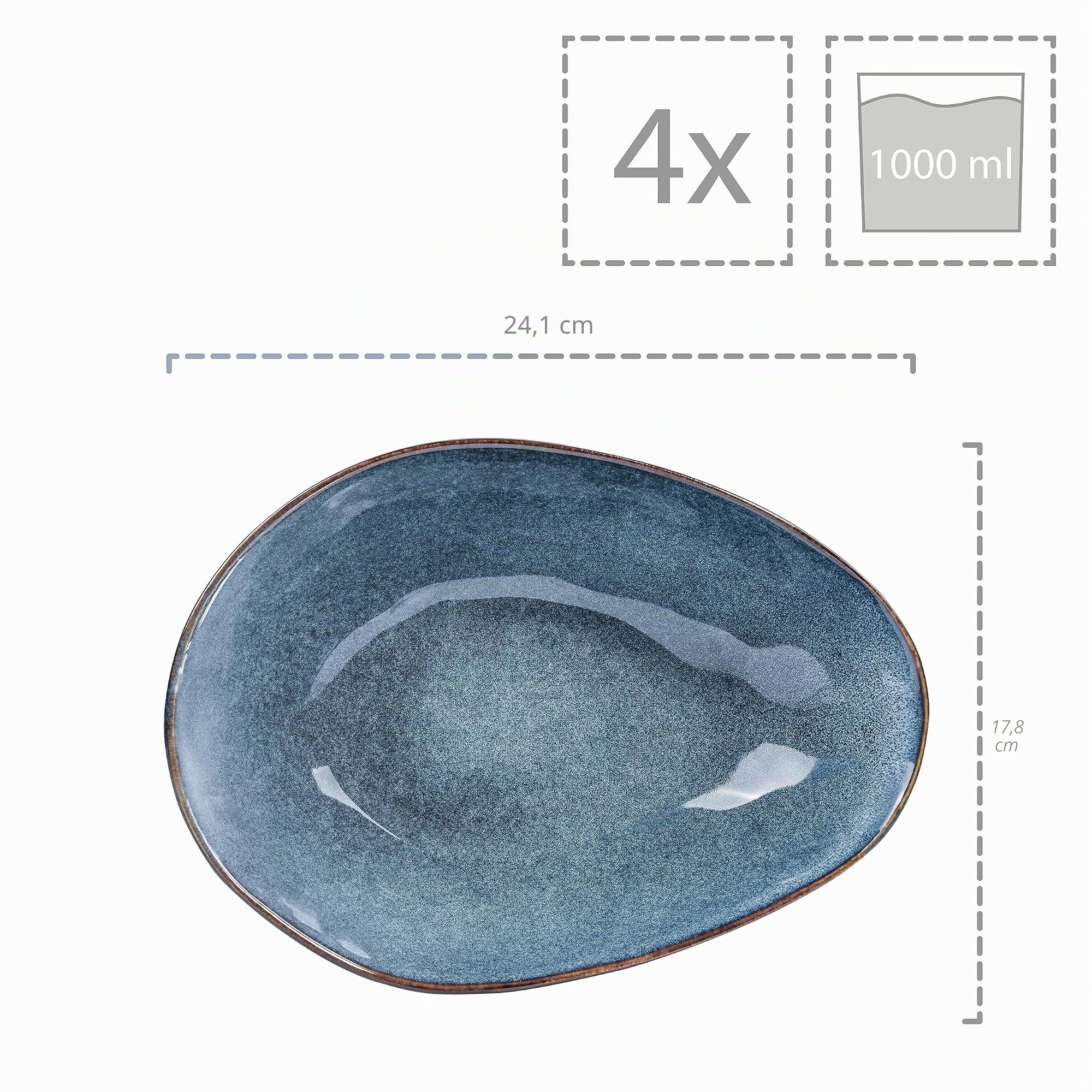SÄNGER Lot de 4 assiettes à pâtes Darwin - Assiettes à spaghetti pour 4 personnes - En faïence - Assiettes à pâtes - Passent au lave-vaisselle - Assiettes en faïence pour plats à pâtes - Bleu - 1 l