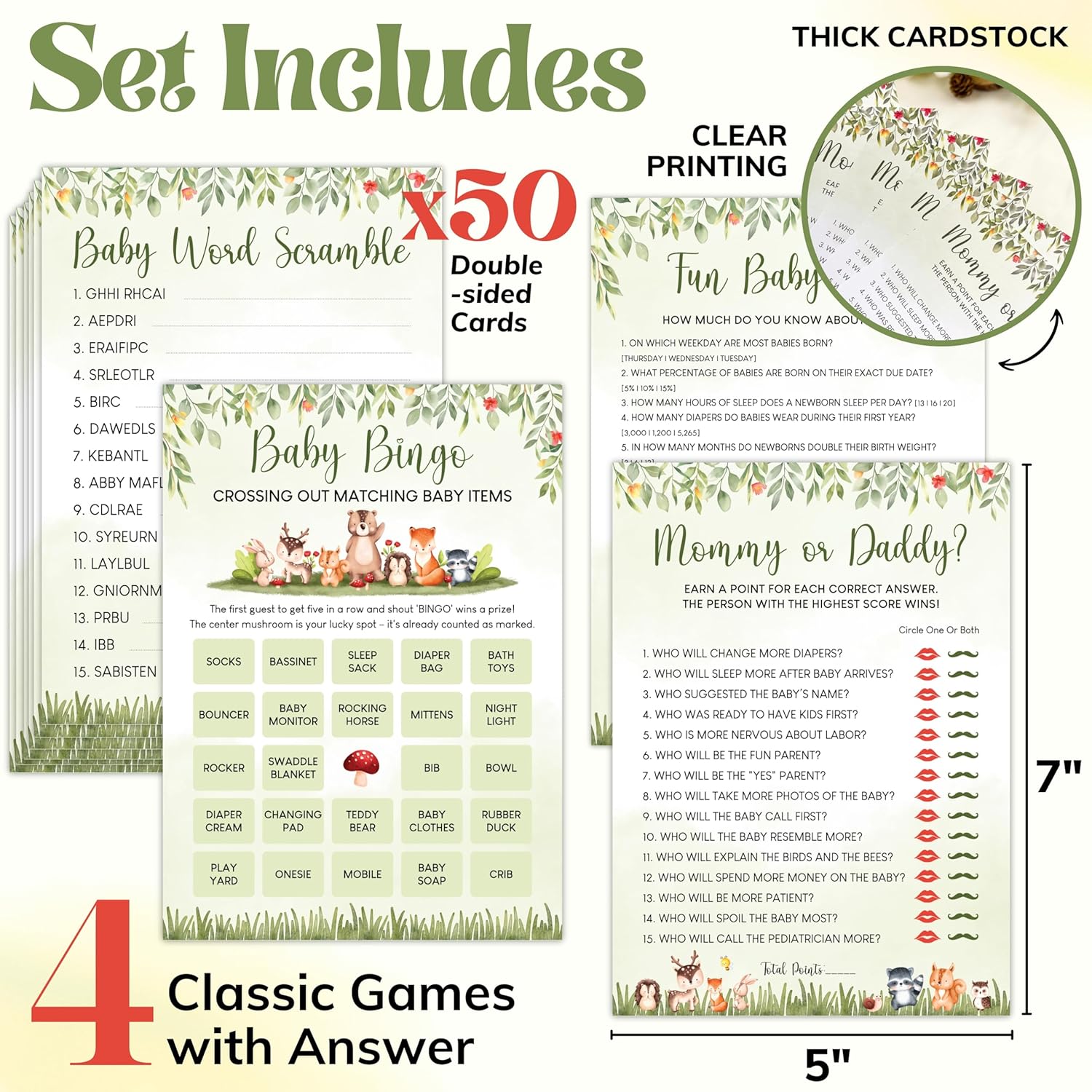 Woodamore Woodland Baby Shower Games Boy - Forest Baby Shower Bingo Games Boy For 25 Guests, Safari Word Scramble Mommy Or Daddy Game, Woodland Animal Theme Decorations Ideas