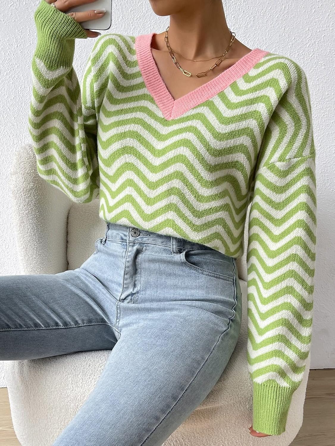 Women's Sweater Chevron Pattern Contrast Trim Drop Shoulder Sweater Sweater for Women (Color : Lime Green, Size : Medium)