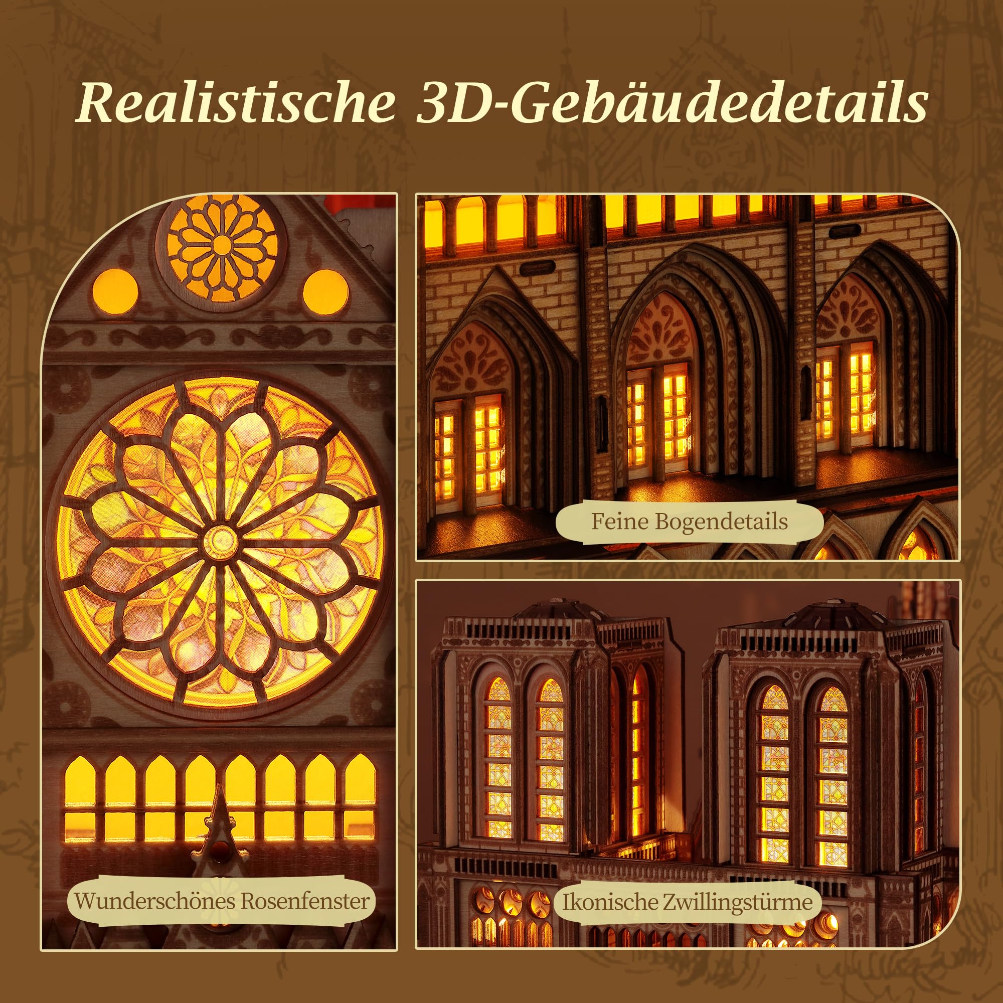 FUNPOLA LED 3D Holzpuzzle Notre Dame de Paris Modell – Beleuchtetes Architektur-Dekorationsmodell für Zuhause & Sammler