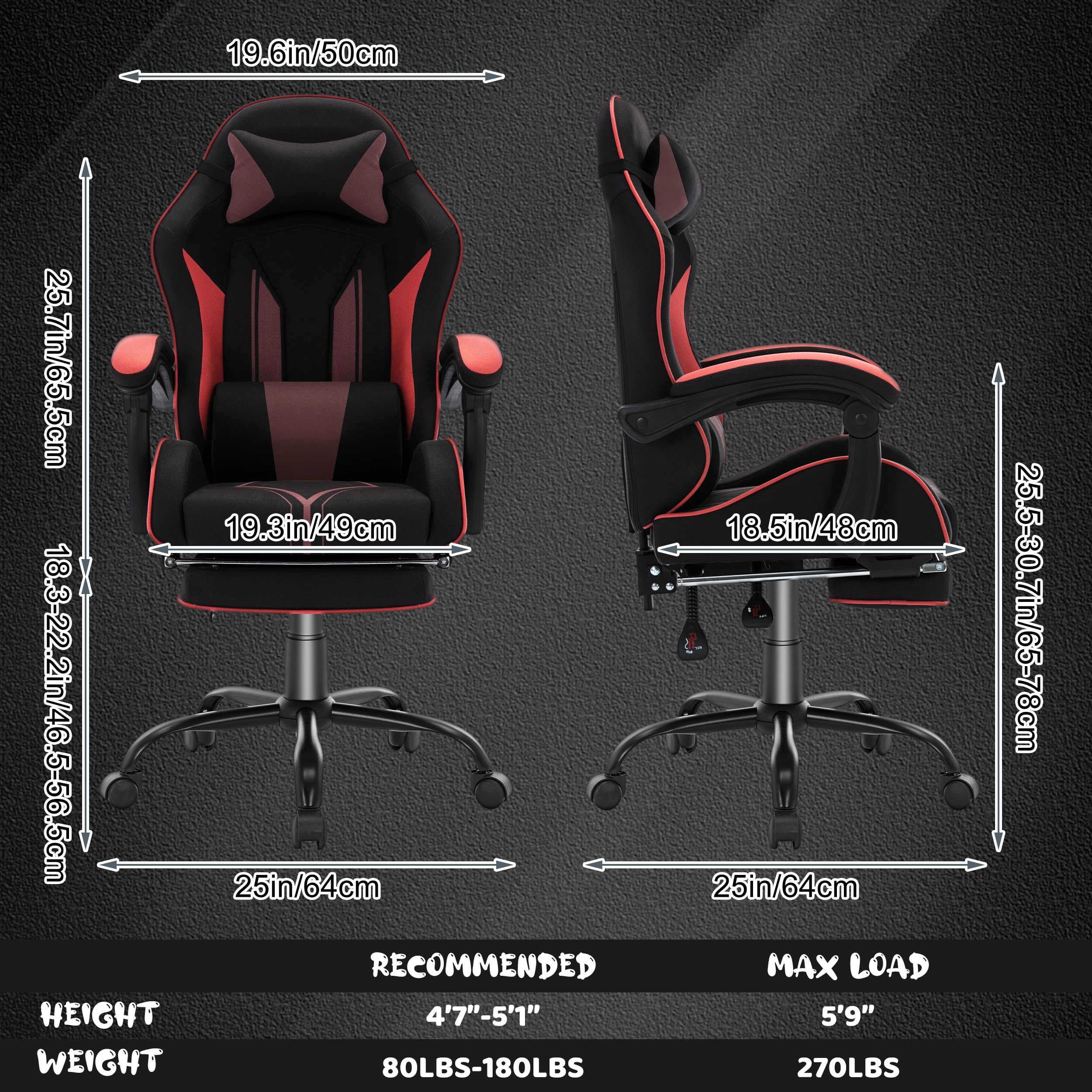 Gaming Stuhl mit Fußstütze Ergonomisch mit Kopfstütze& Lendenkissen-Bürostuhl mit Premium- Technikstoff&130kg Tragfähig für Esports/Homeoffice/Zocken (Erwachsene/Jugendliche/Kinder)