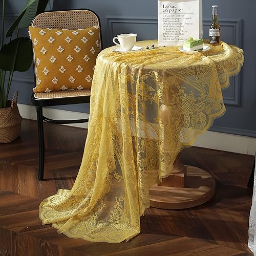 Miniatura 2 de Mantel de encaje amarillo con bordado de elegantes patrones florales, mantel redondo superpuesto para boda, fiesta, cena larga, decoración del hogar