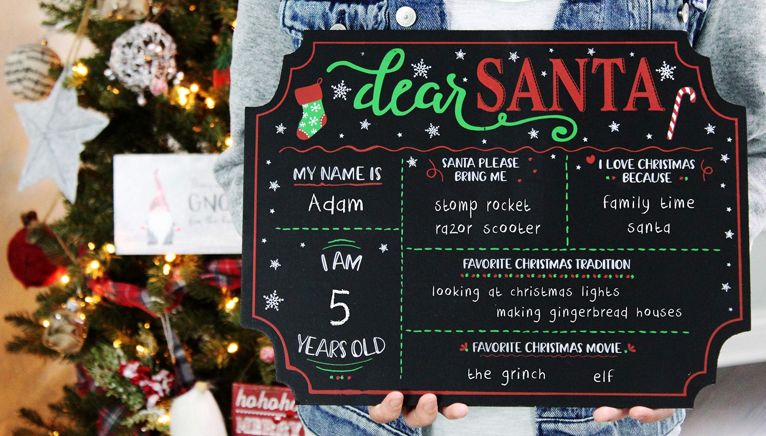 Decorae Dear Santa Chalkboard Sign 16 x 12 Inches; Christmas Reusable “Letter to Santa” Wish List for Photo Prop and Holiday Traditions