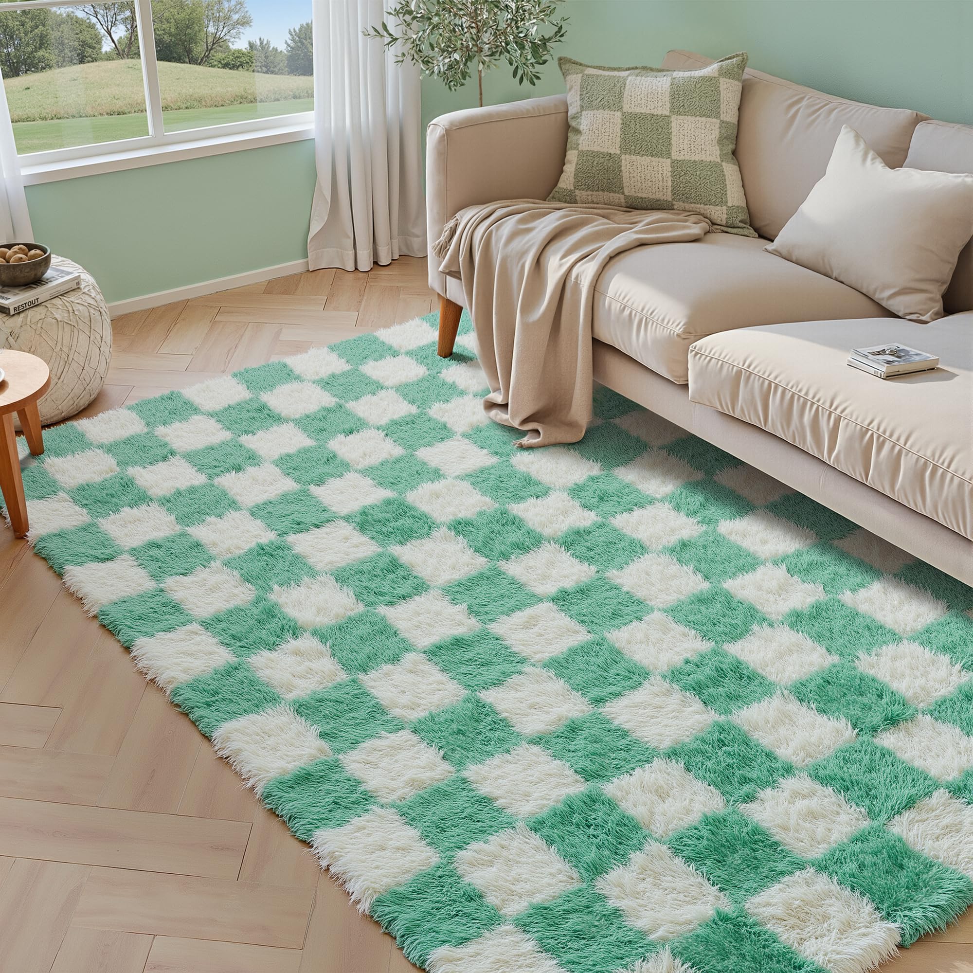 HUGEAR Alfombra a cuadros de pelo largo para salón, 150 x 240 cm, alfombra verde para dormitorio, alfombra antideslizante para niños, mullida, suave y acogedora, alfombra para salón, habitación