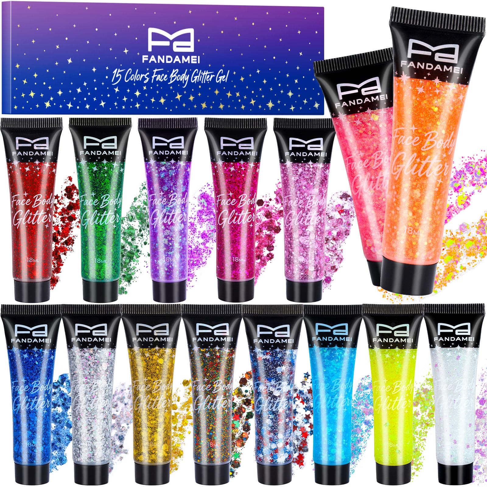 FANDAMEI Body Face Glitter, 15 Colors Glitter Gel Kit, 12 Colors Body and Hair Glitter and 3 Colors Glow in the Dark Glitter Gel. Face Sparkles for Mermaid Glitter Makeup Halloween Rave Accessories