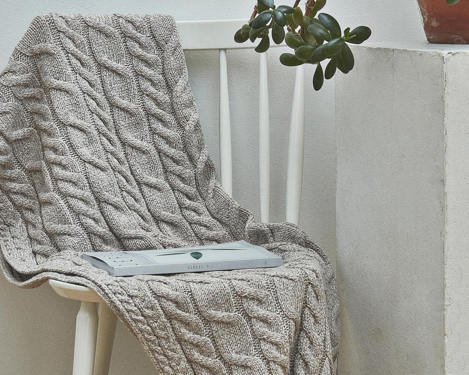 Aran Woollen Mills Cable Throw Blanket, 100% Supersoft Merino Wool, Made in Ireland, Silver Strand, Oat, 40" x 60"