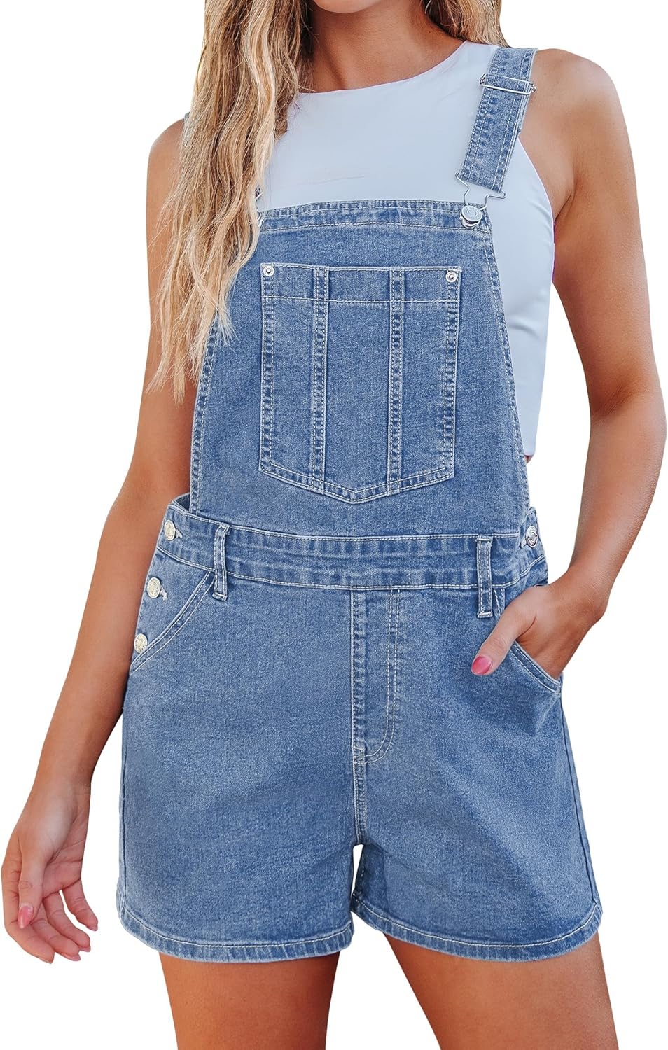 luvamia Jean Short Overalls for Women Baggy Adjustable Straps Bib Stretchy Denim Overall Jumpsuits Shortalls with Pockets